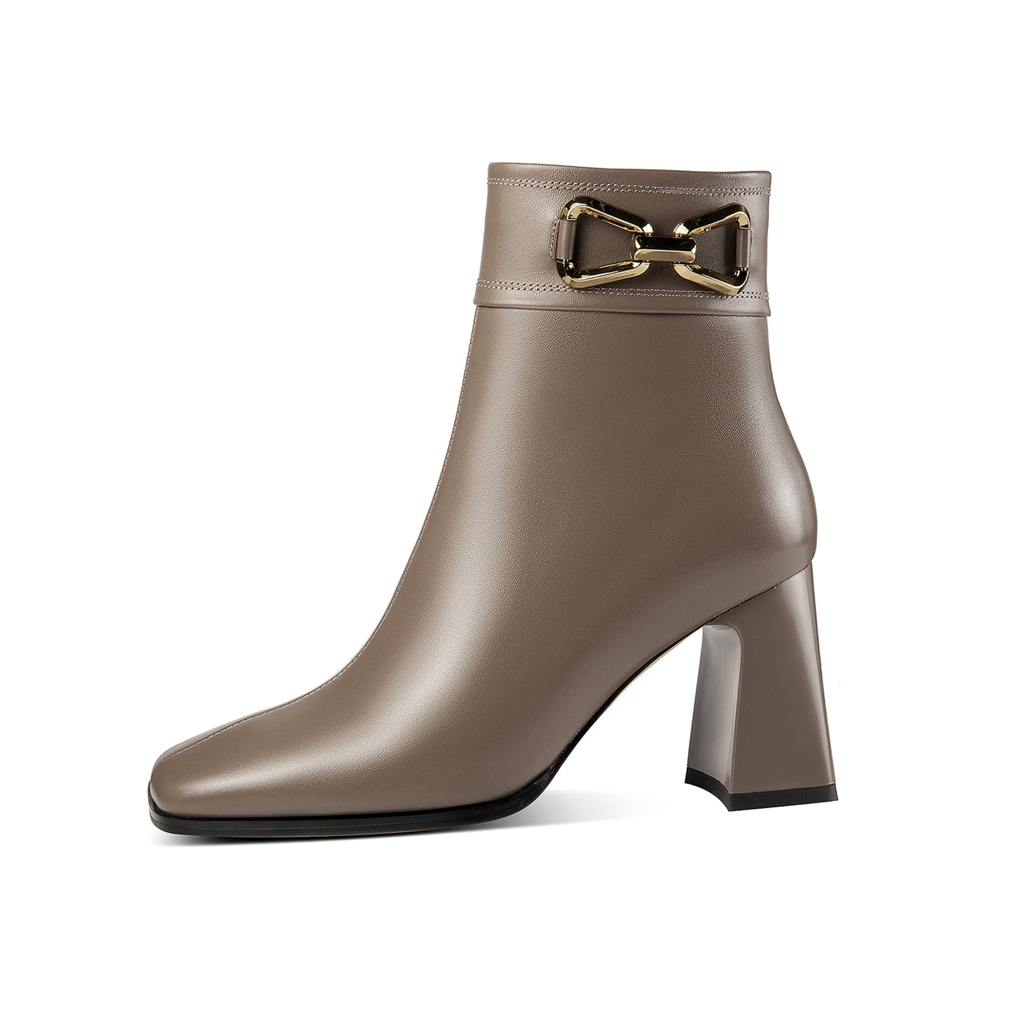 Nine Seven Women's Square Toe Genuine Leather Handmade Matal Buckle High Chunky Heel Side Zip Up Chic Ankle Boots