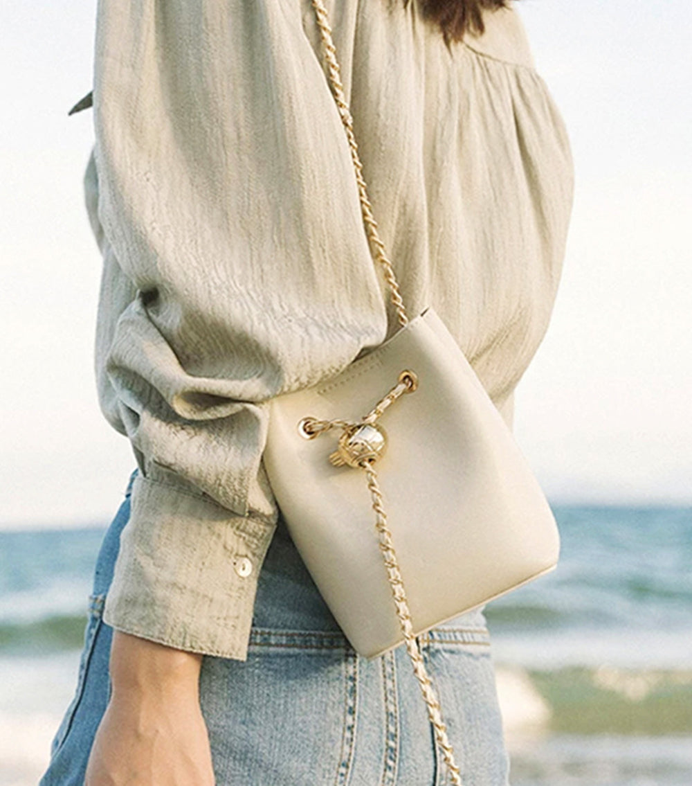 Nine Seven Genuine Leather Women's Handmade Mini Bucket Crossbody Shoulder Bag with Mental Ball Decor