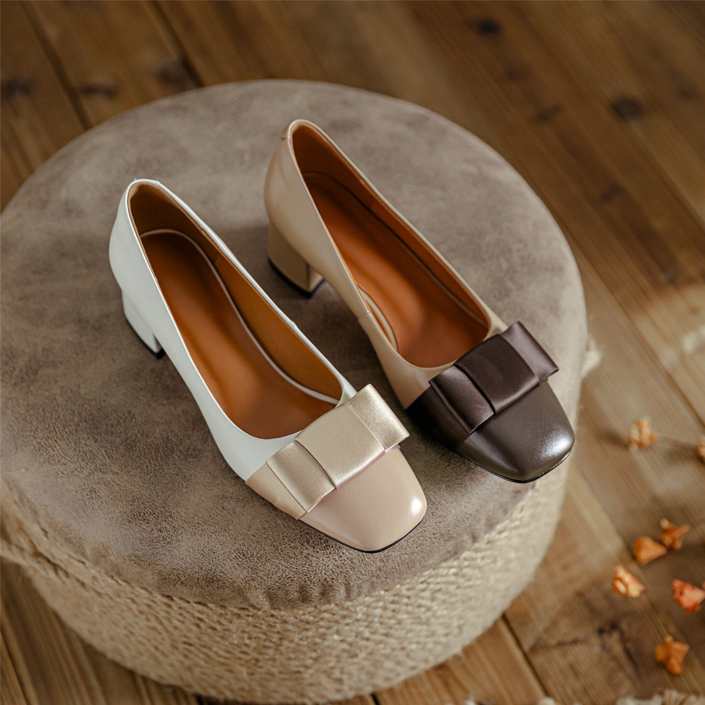 Nine Seven Genuine Leather Women's Handmade Square Toe Block Heel Assorted Color Loafer Pumps Shoes with Bowknot