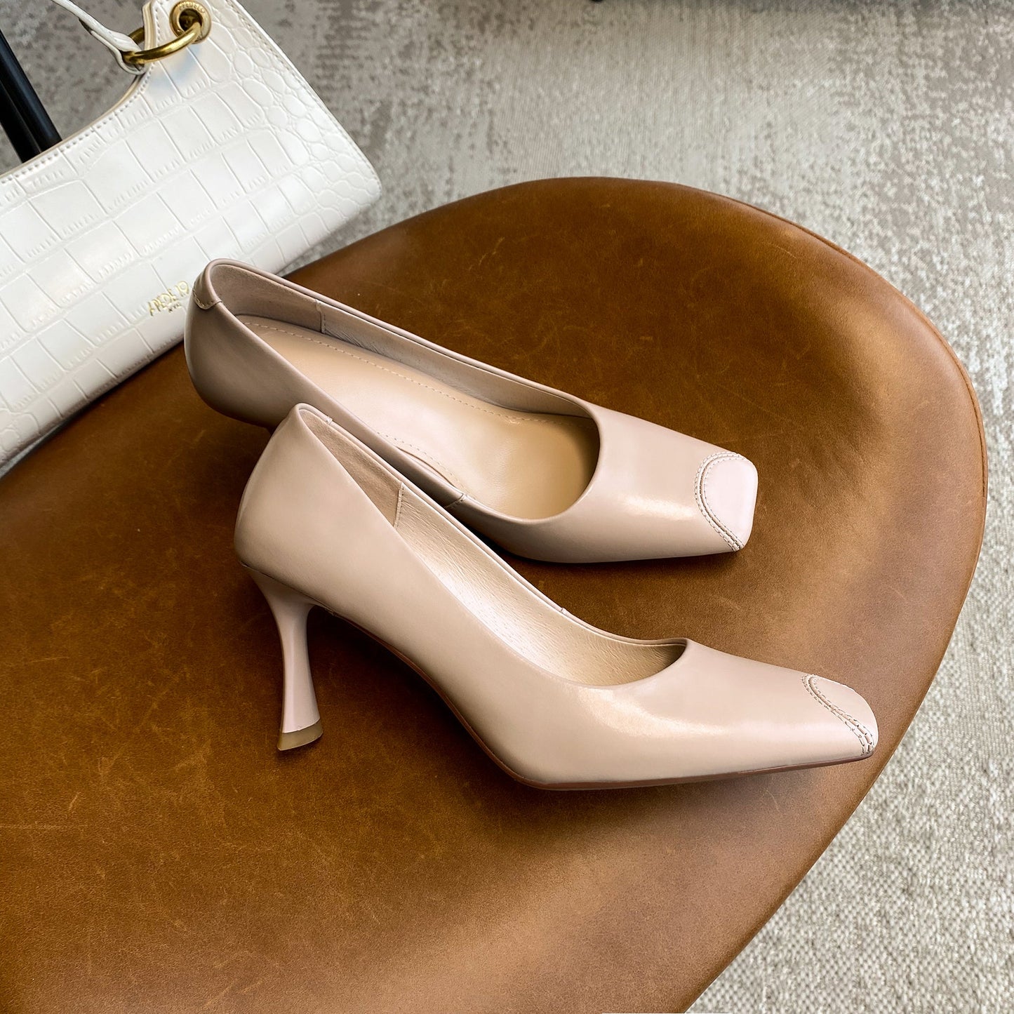 Nine Seven Women's Genuine Leather Square Toe Handmade Stiletto Mid Heels Elegant Dress Pumps