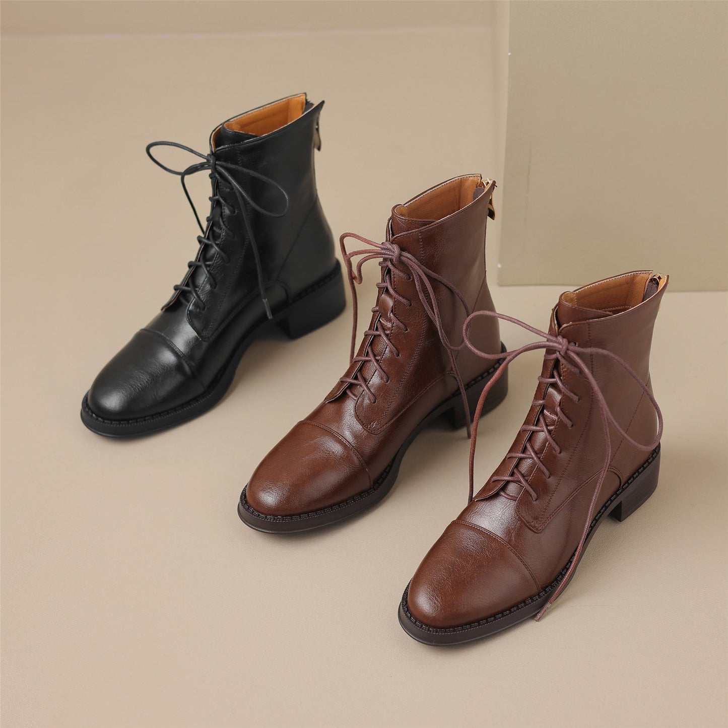 Nine Seven Handmade Women's Genuine Leather Back Zipper Round Toe Low Chunky Heel Selftie Ankle Boots