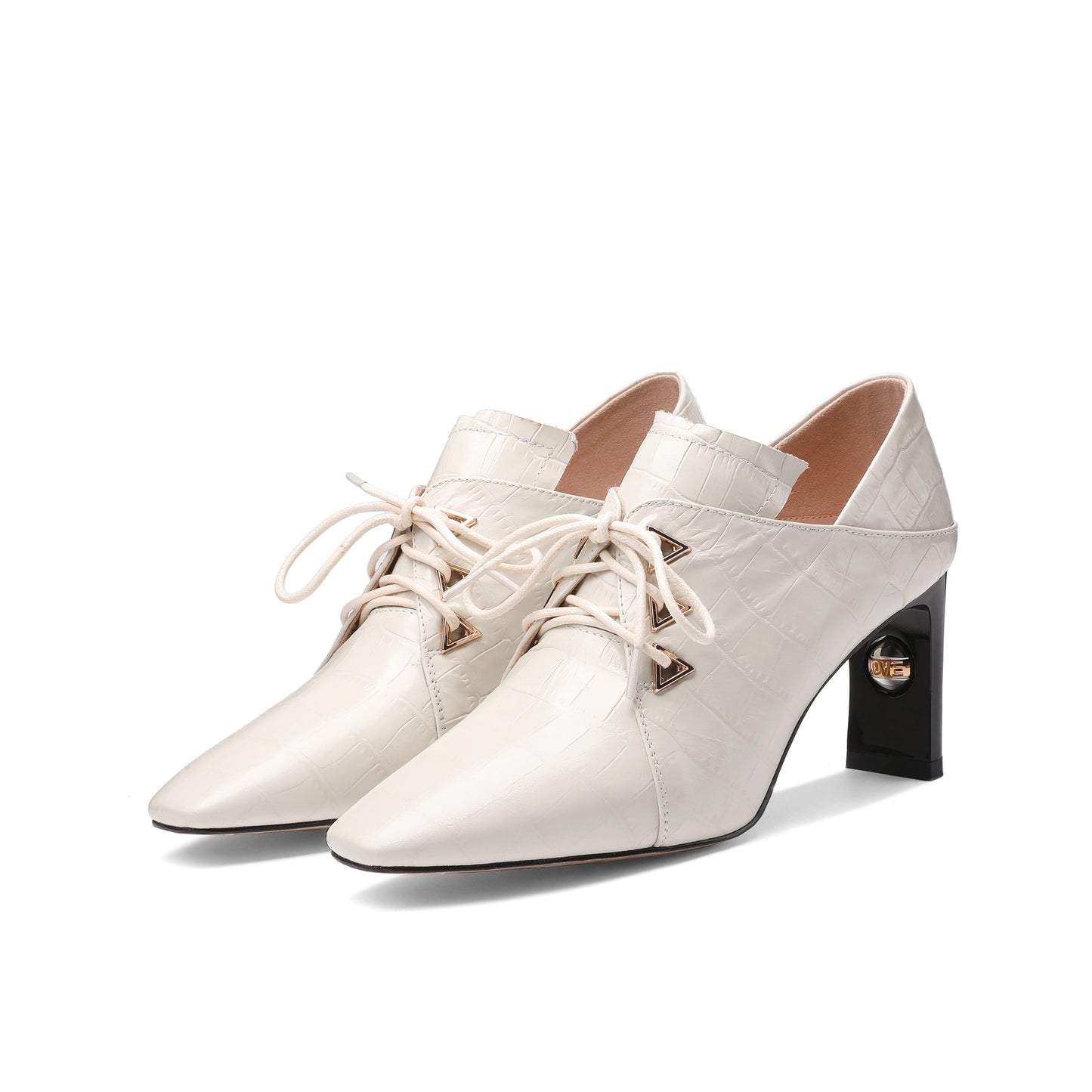 Nine Seven Women's Handmade Embossed Genuine Leather Square Toe Exquisite High Heel Lace Up Plus-Size Pump Shoes