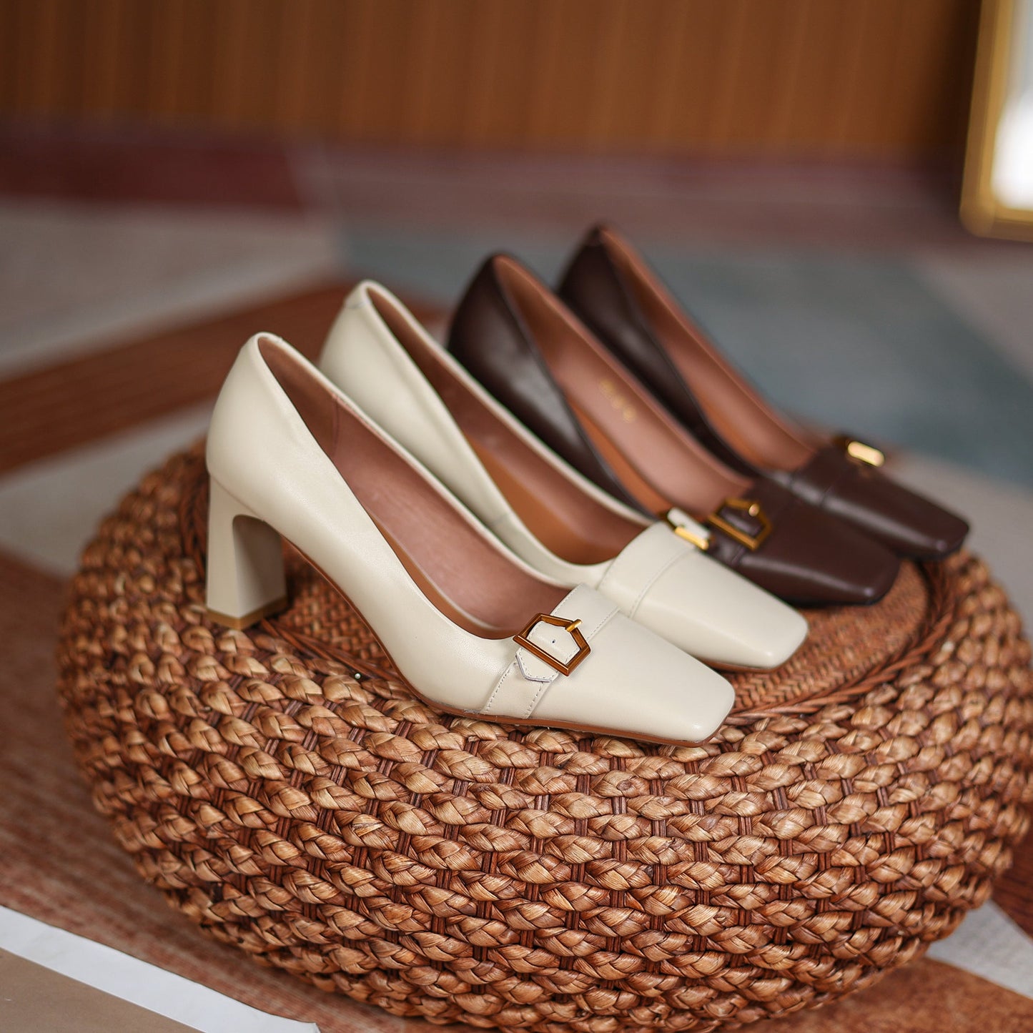 Nine Seven Women's Genuine Leather Square Toe Handmade Mid Chunky Heel Vintage Dress Pumps with Buckle