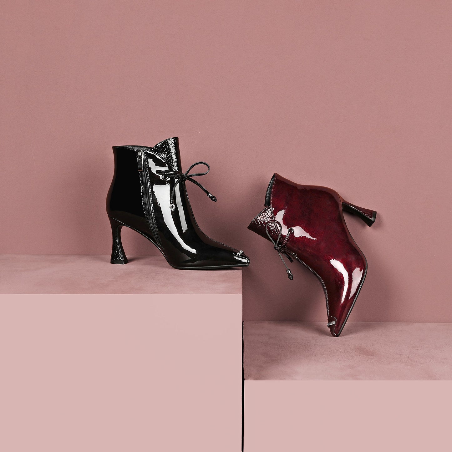 Nine Seven Women's Patent Leather Stylish Pointed-Toe Zip Up Stiletto High Heel Handmade Ankle Boots with Bowknot