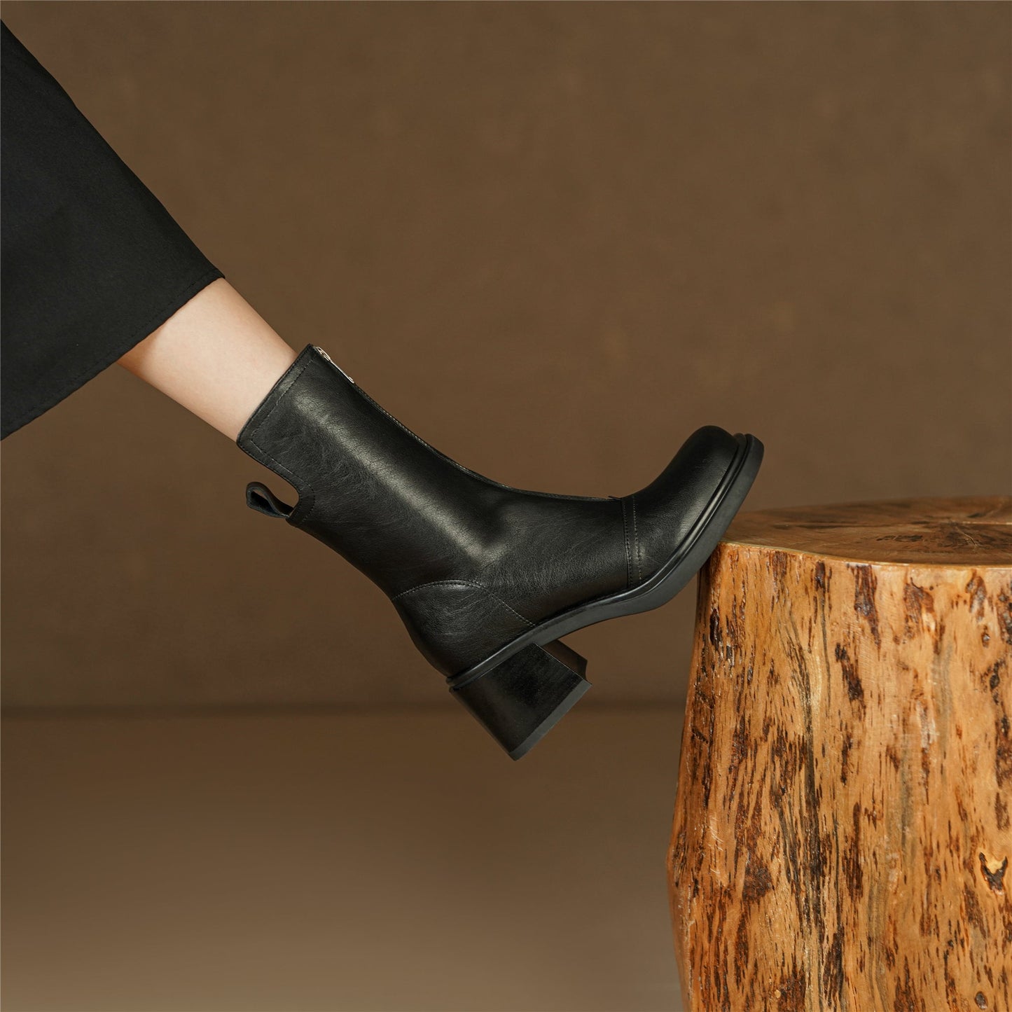 Nine Seven Handmade Women's Genuine Leather Front Zipper Square Toe Mid Chunky Heel Ankle Boots Shoes