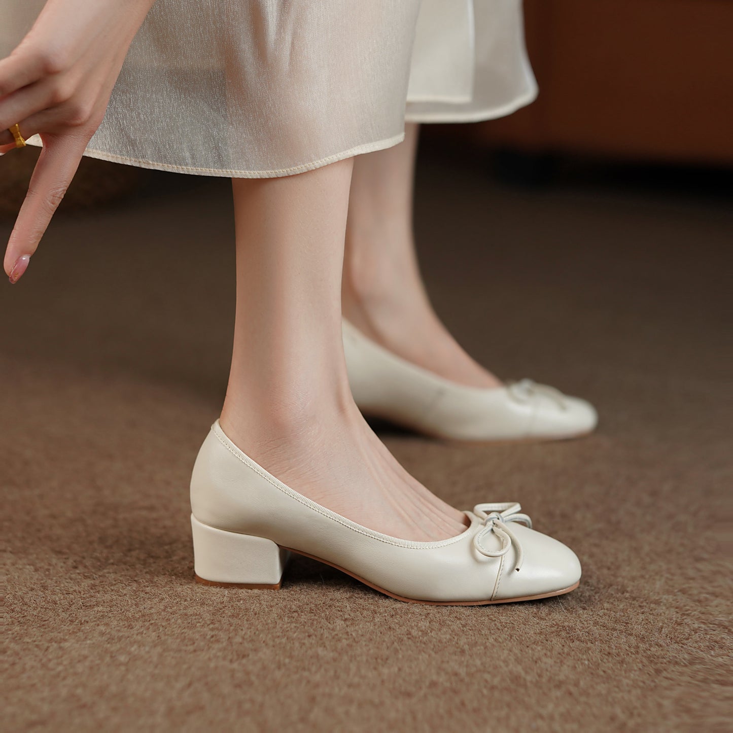 Nine Seven Women's Genuine Leather Handmade Cute Bow Knot Slip On Round Toe Low Chunky Heel Ballet Pumps