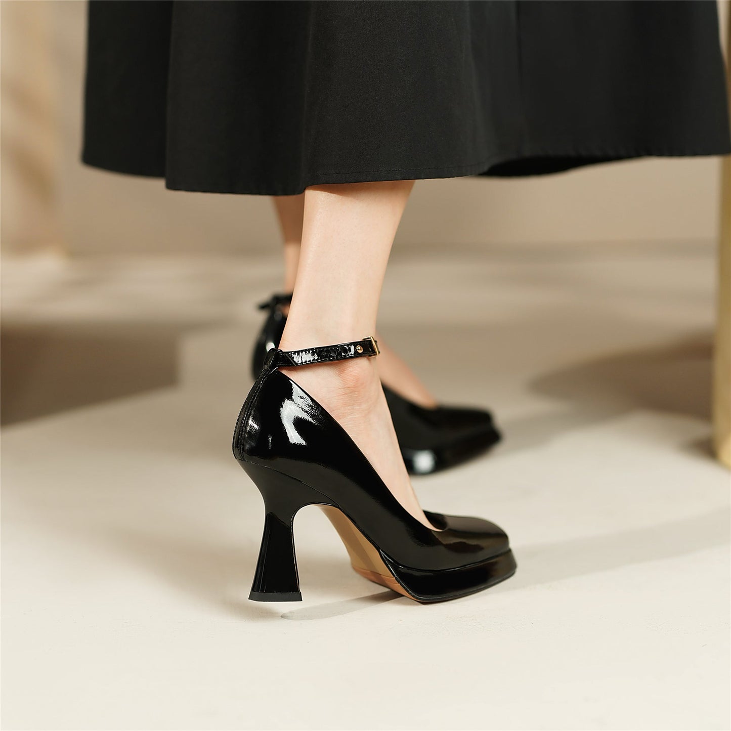 Nine Seven Women's Square Toe Glossy Patent Leather Handmade Platform Stylish High Chunky Heels with Detachable Ankle Belt
