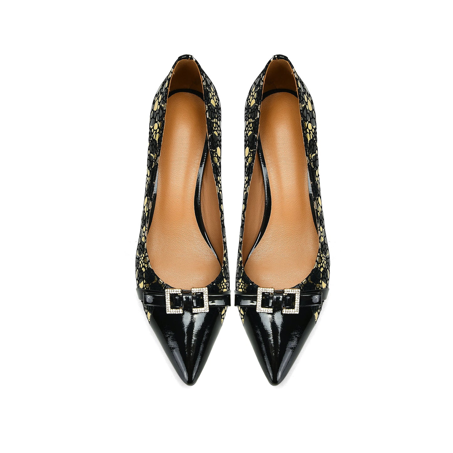 Nine Seven Women's Handmade Genuine Leather Patent Pointed Toe Modern Buckle Slip On Comfort Heel Pumps