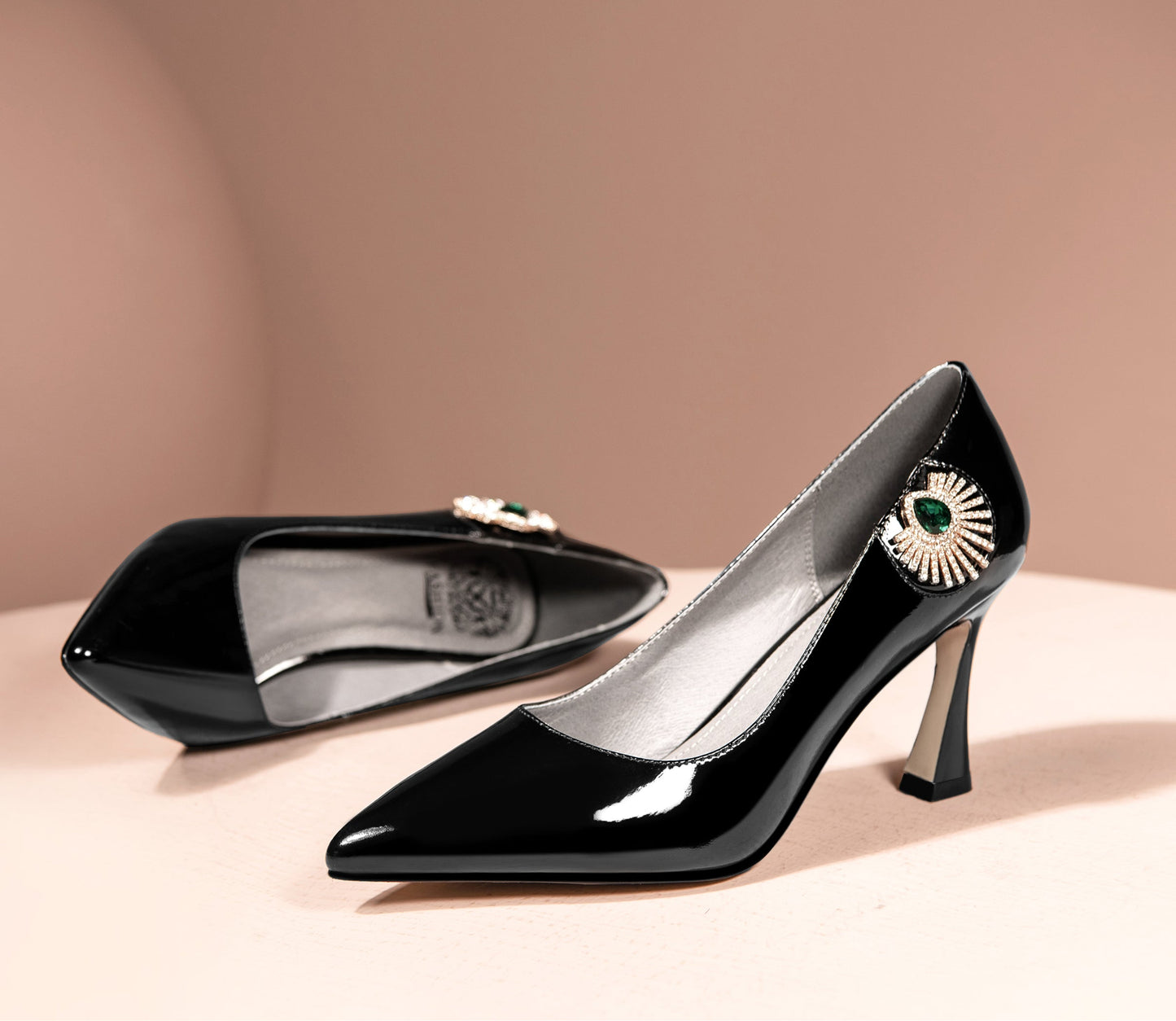 Nine Seven Patent Leather Women's Handmade Pointed Toe Unique Glitter Rhinestone Emerald Crystal Design High Heel Slip On Pumps