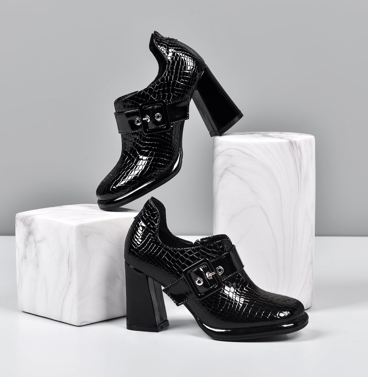 Nine Seven Women's Handmade Patent Leather Round Toe Zip Up High Chunky Heel Chic Pumps Shoes with Buckle