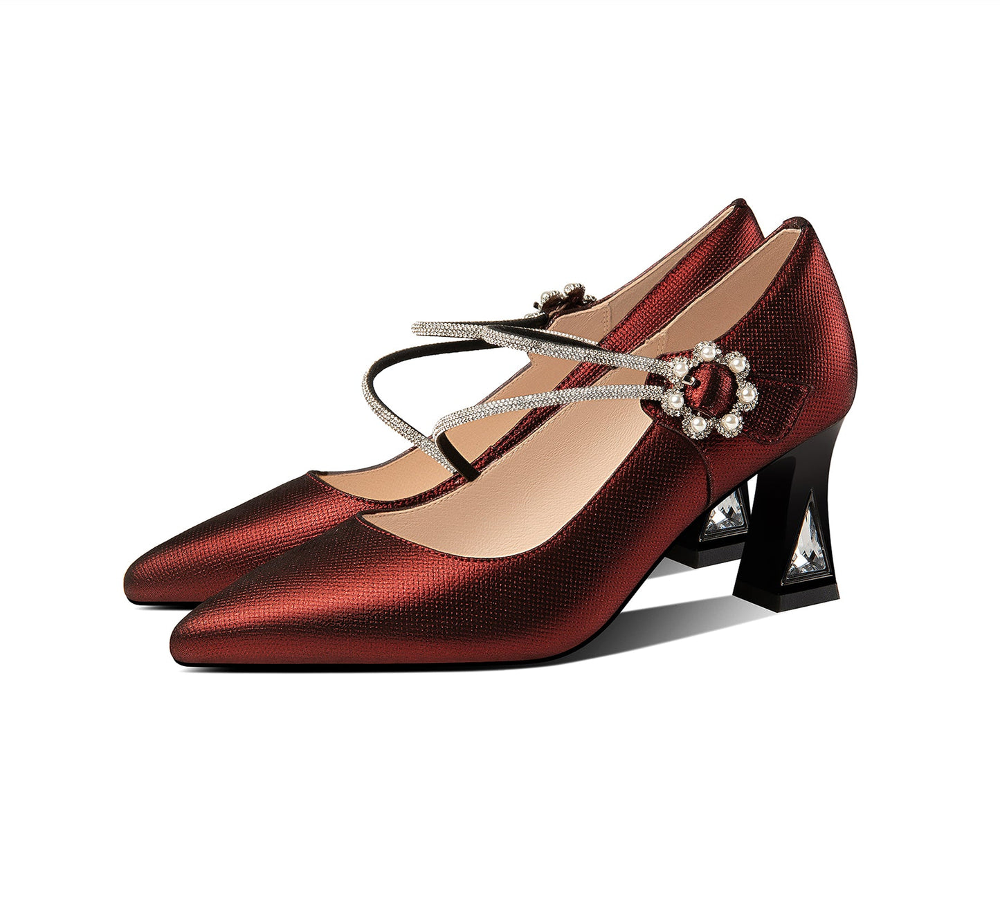 Nine Seven Women's Pointed Toe Genuine Leather Handmade Flower Buckle Mid Chunky Heels Graceful Pumps Shoes