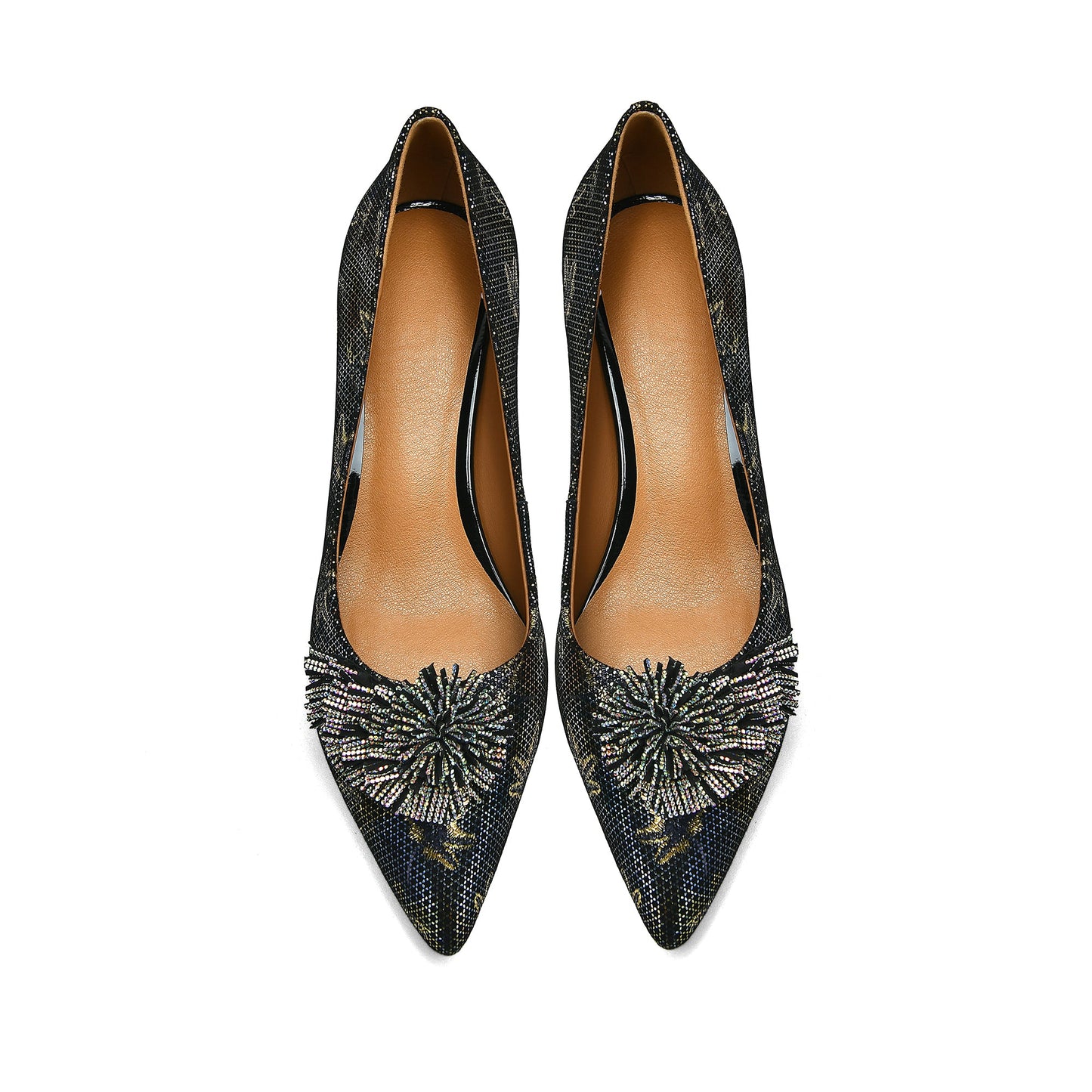 Nine Seven Handmade Women's Genuine Leather Pointed Toe Modern Buckle Slip On Gold Heel Pumps