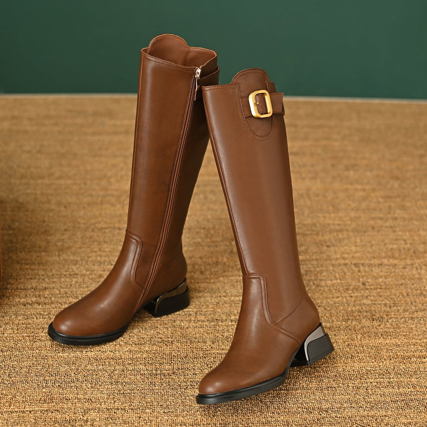 Nine Seven Women's Round Toe Genuine Leather Handmade Side Zipper Low Chunky Heels Casual Knee High Boots with Buckle