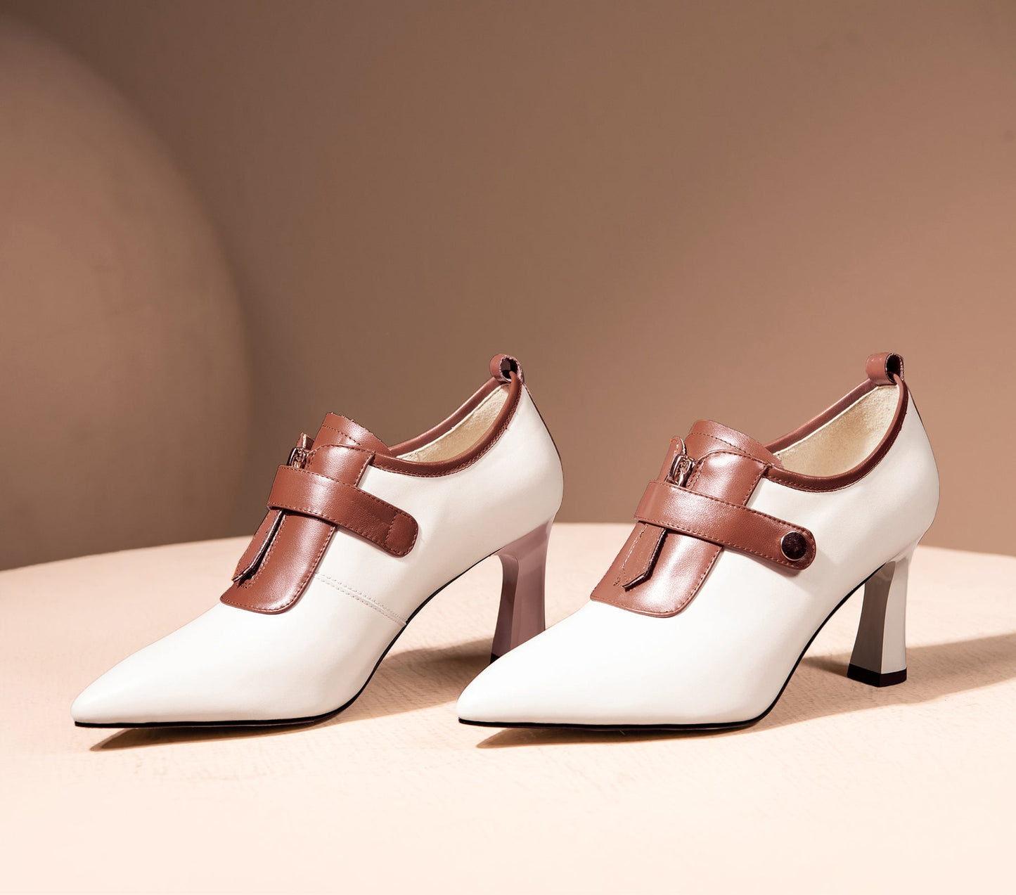 Nine Seven Women's Handmade Genuine Leather Sexy High Heel Pointed Toe Oxfords Pump Shoes with Front Zip and Button Decor