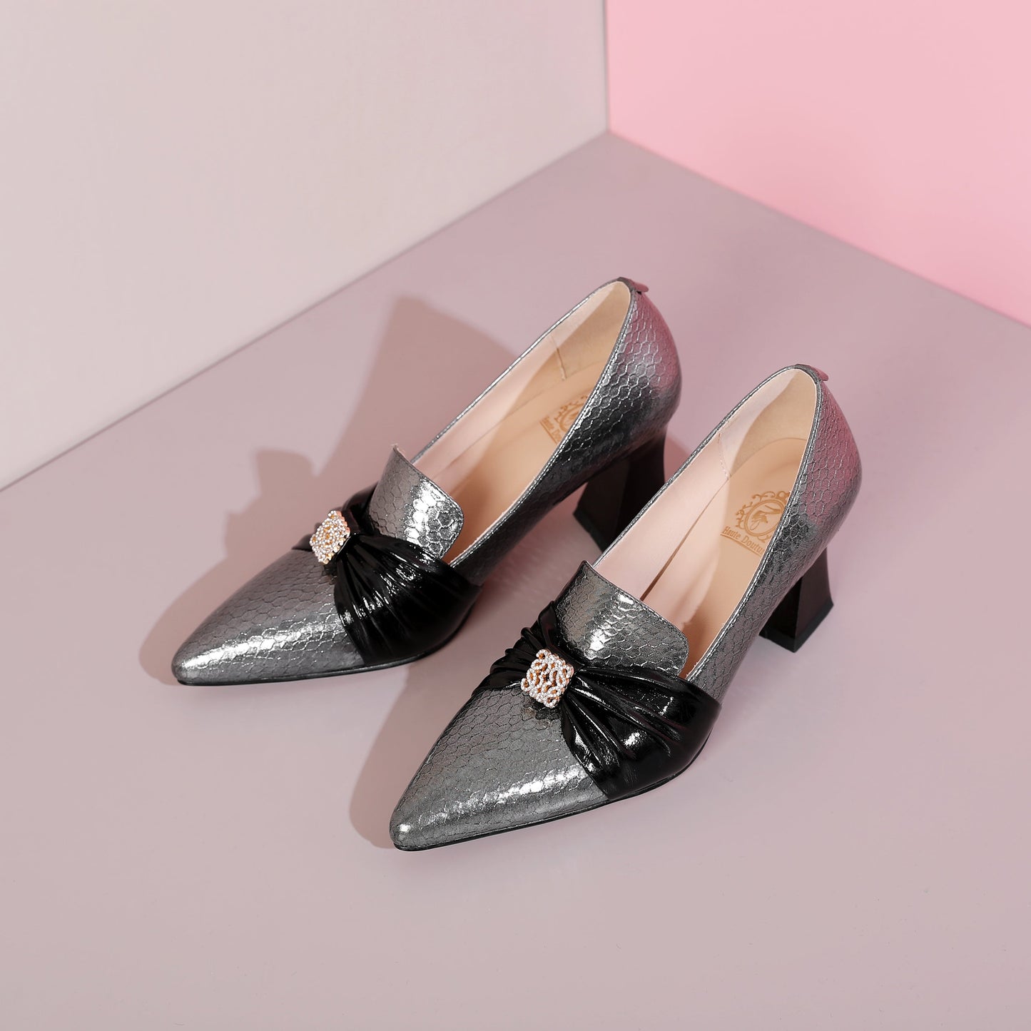 Nine Seven Women's Genuine Leather Handmade Pointy Toe Elegant Spool Heel Rhinestone Pattern Pumps Shoes