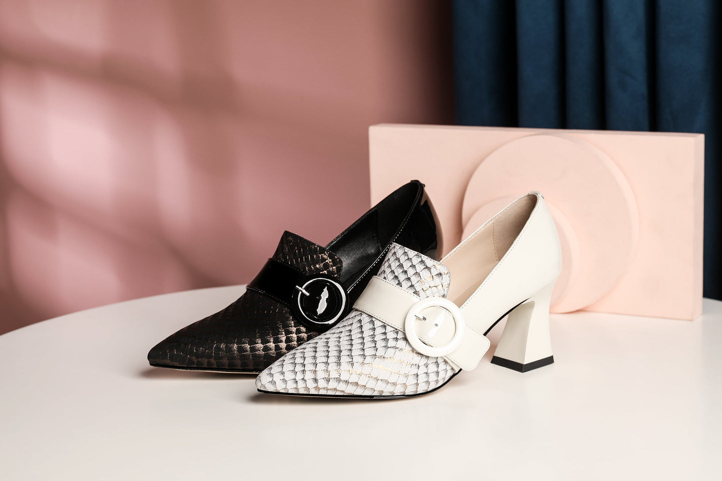 Nine Seven Patent and Genuine Leather Women's Handmade Pointed Toe Modern Buckle Decor Mid Spool Heel Slip On Pump Shoes