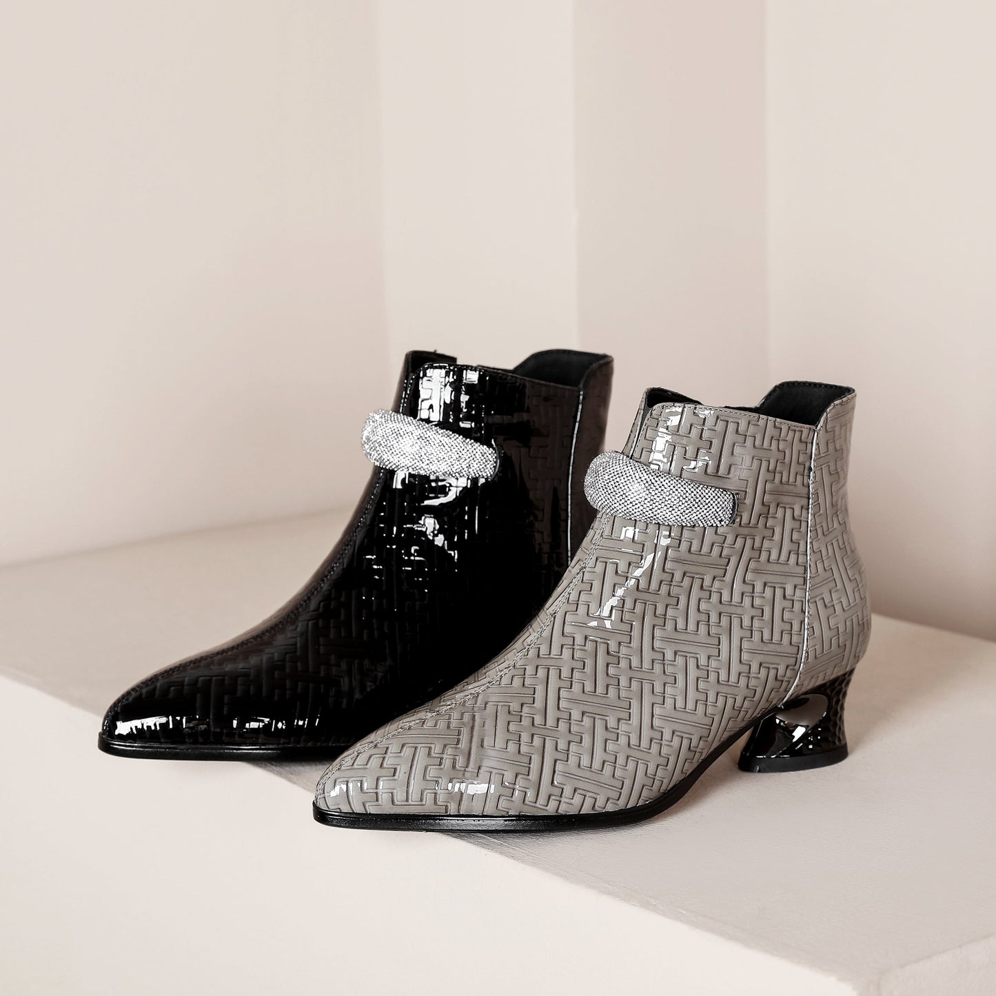 Nine Seven Women's Pointed Toe Glossy Patent Leather Handmade Zipper Low Chunky Heels Casual Ankle Boots