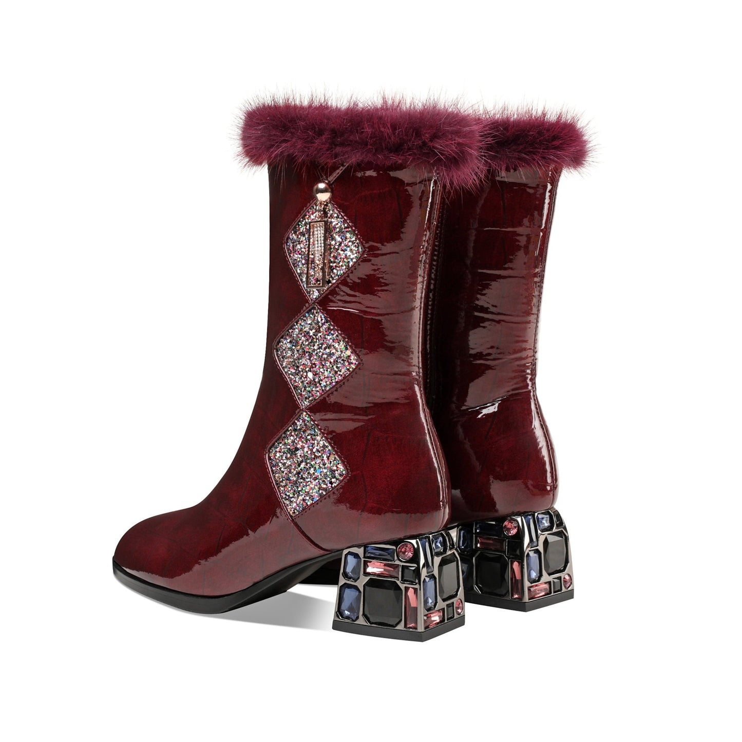Nine Seven Women's Patent Leather Round Toe Handmade Chunky Heel with Jewelry Stylish Zip Up Mid-Calf Boots
