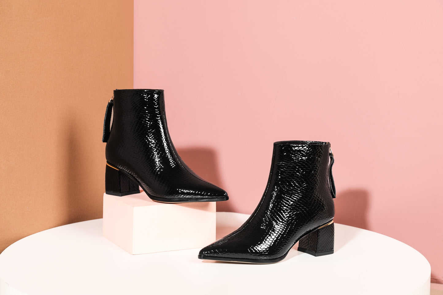 Nine Seven Women's Genuine Leather Handmade Pointed Toe Modern Zip Up Mid Chunky Heel Classic Ankle Boots