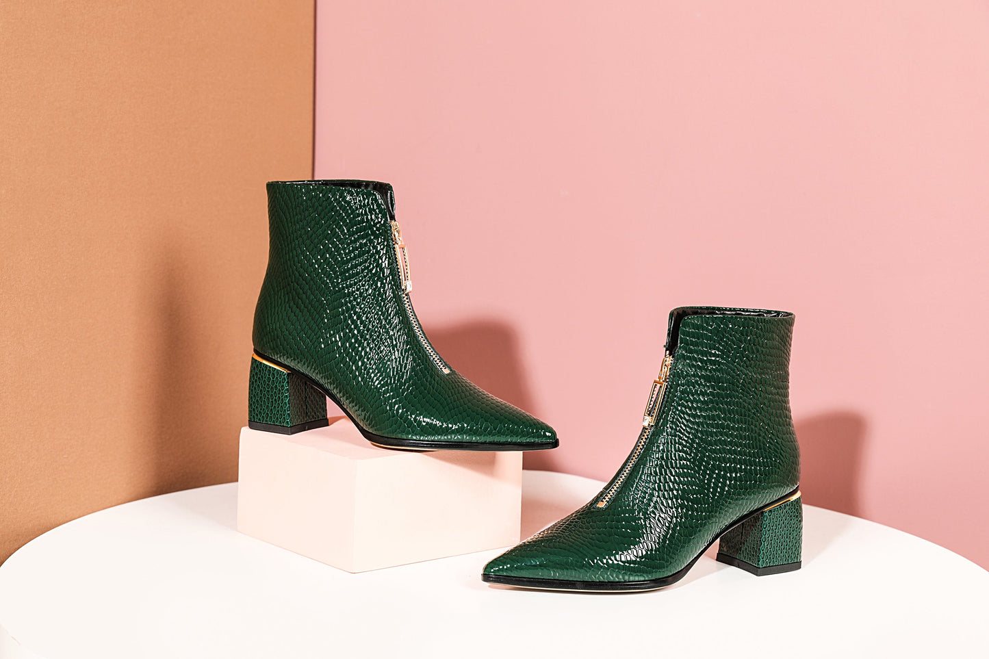 Nine Seven Women's Handmade Genuine Leather Pointed Toe Stylish Front Zip Up Mid Chunky Heel Ankle Booties