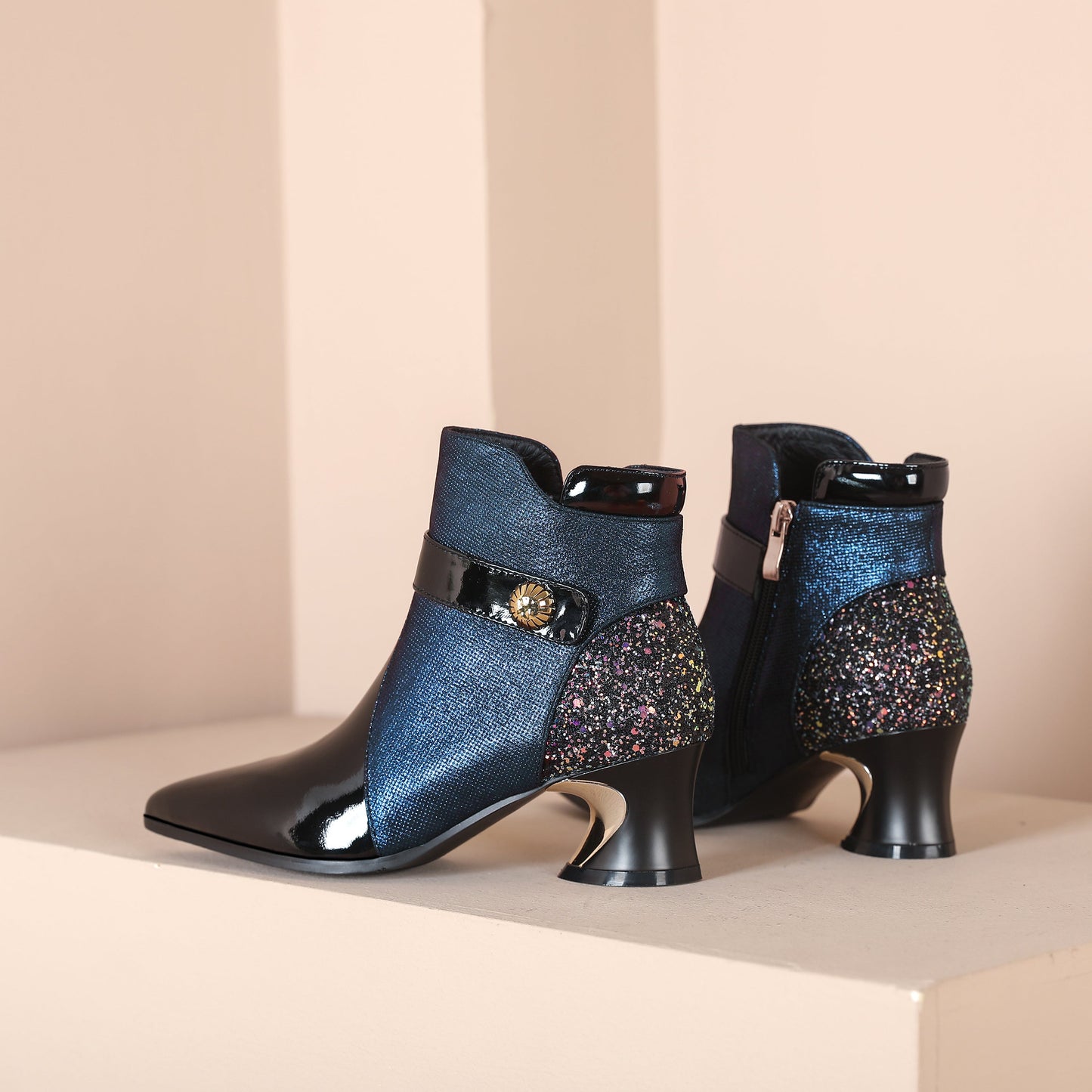 Nine Seven Handmade Women's Glossy Genuine Leather Sexy Stitching Color Side Zipper Pointed Toe Low Chunky Ankle Boots