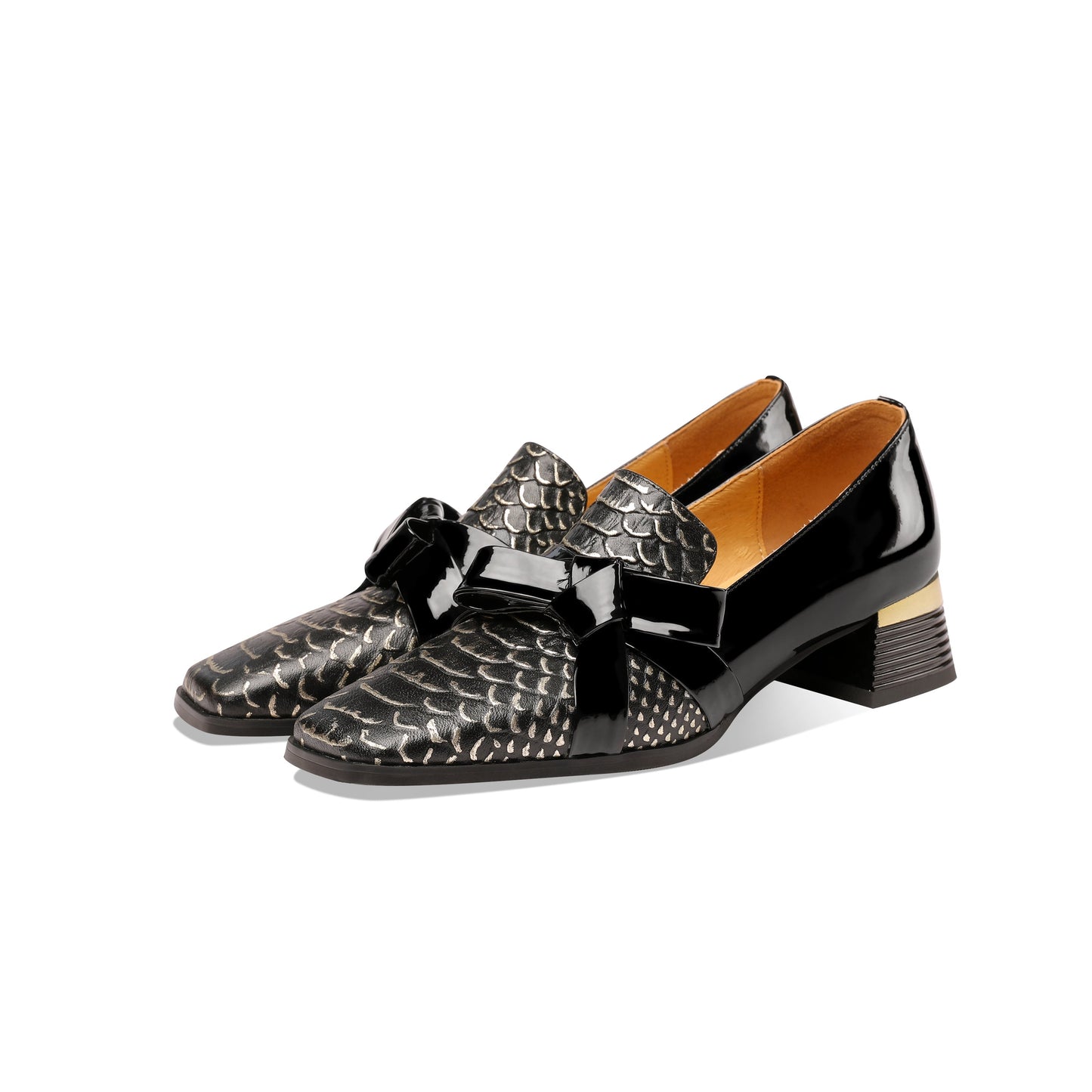 Nine Seven Women's Handmade Square Toe Low Chunky Heels Stylish Patent Leather Loafers Shoes with Bowknot