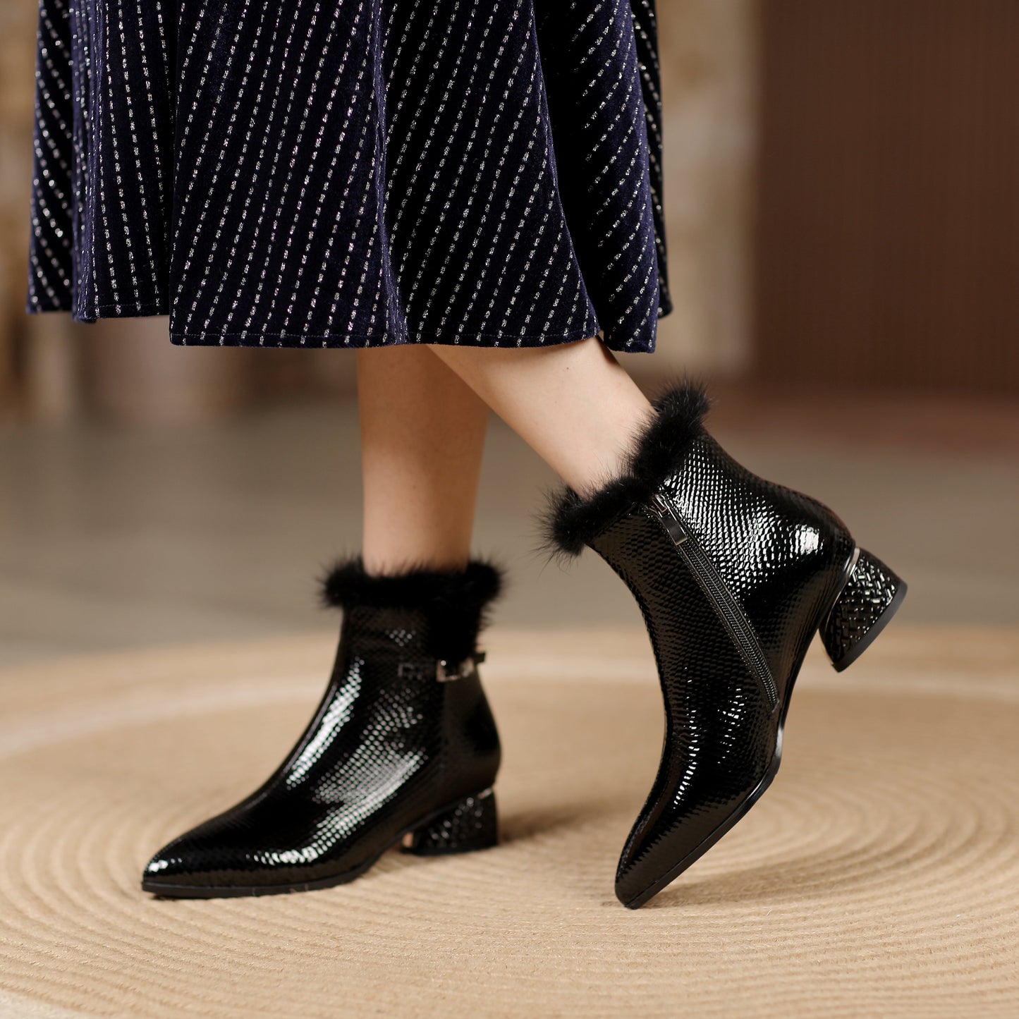 Nine Seven Women's Patent Leather Handmade Side Zip Up Block Heel Black Ankle Booties with Fur and Glitter Buckle Decor