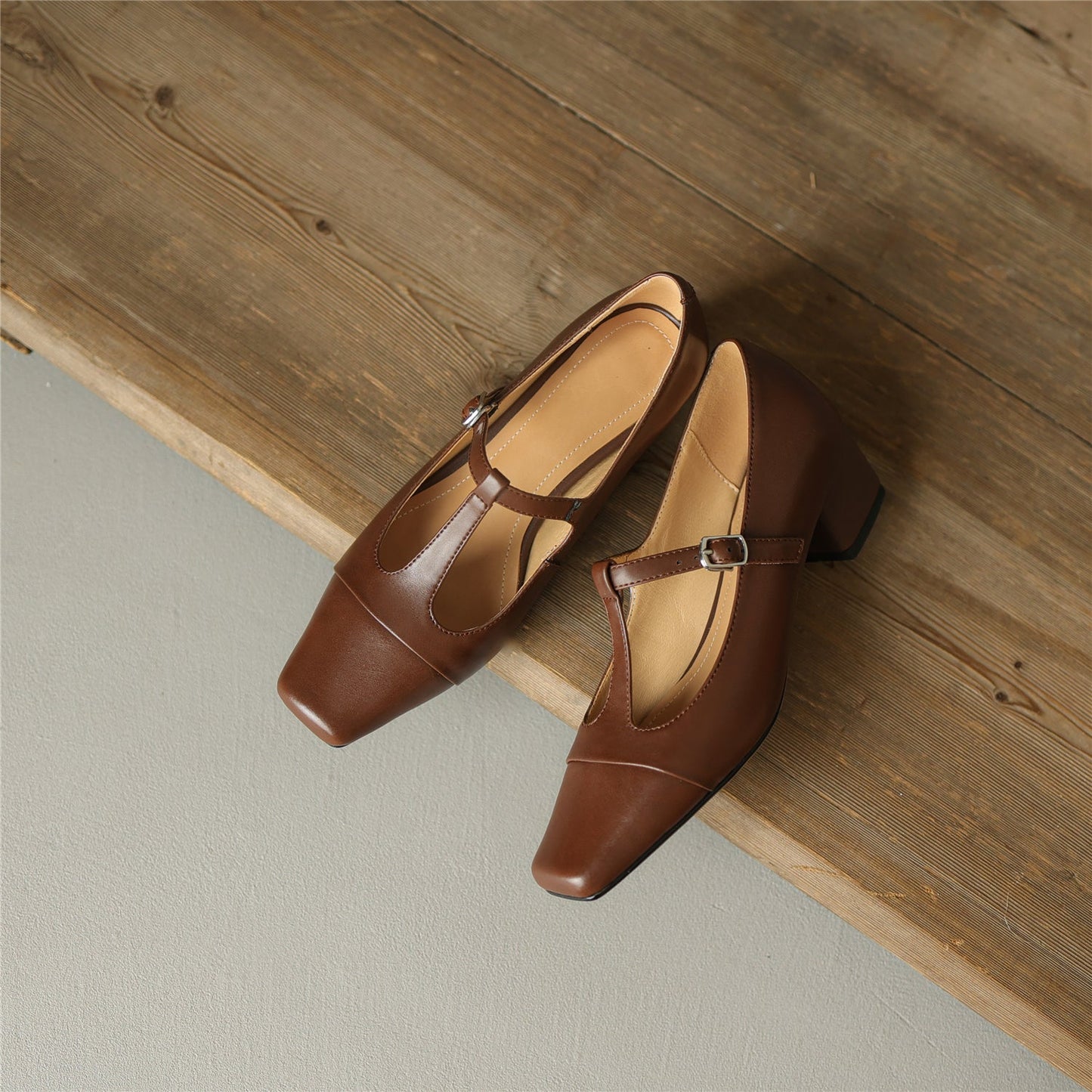 Nine Seven Women's Square Toe Handmade T-Strap Genuine Leather Low Chunky Heel Vintage Pumps Shoes