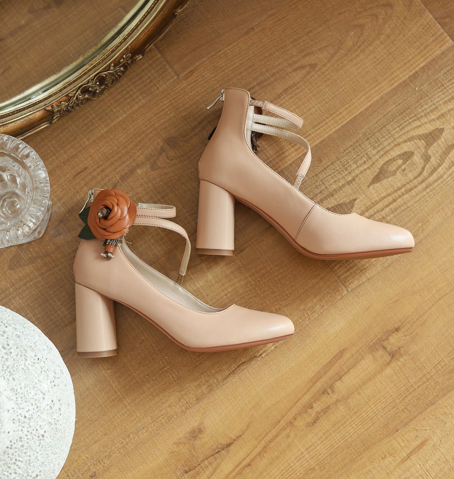 Nine Seven Handmade Women's Elegant Genuine Leather Décor Flower Ankle Strap Round Toe High Block Heel Pumps Shoes