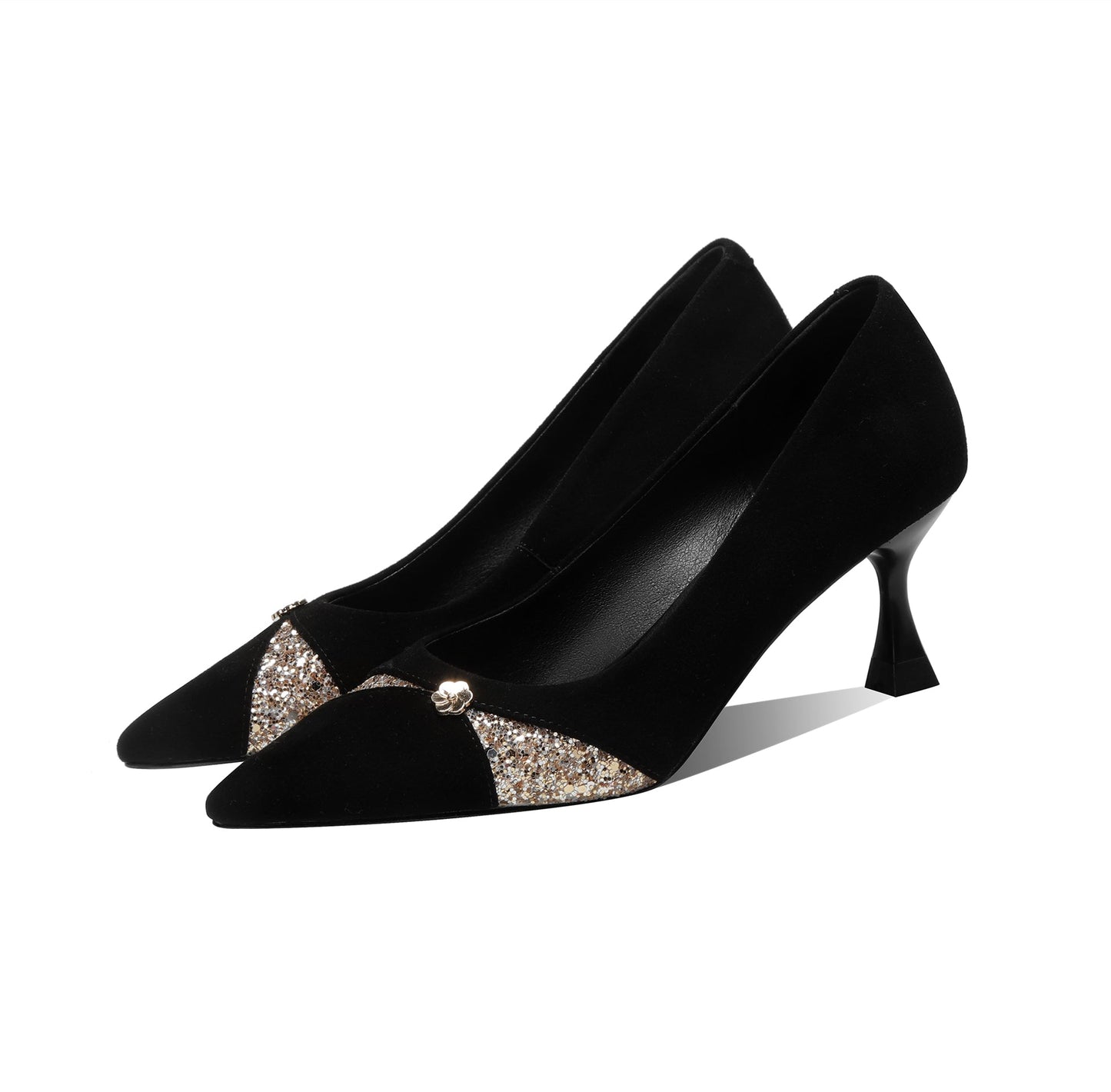 Nine Seven Handmade Women's Suede Leather Glitter Slip On Pointed Toe Mid Kitten Heel Pumps Shoes