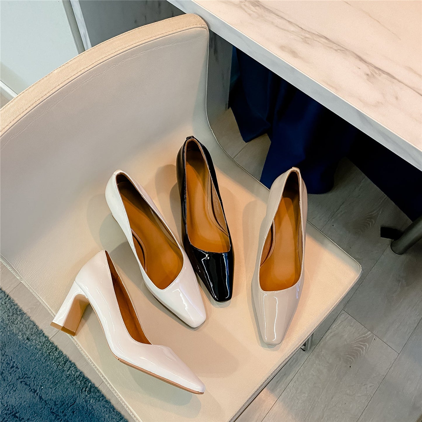 Nine Seven Women's Patent Leather Handmade Square Toe Mid Heels Slip On Chic Pumps Shoes