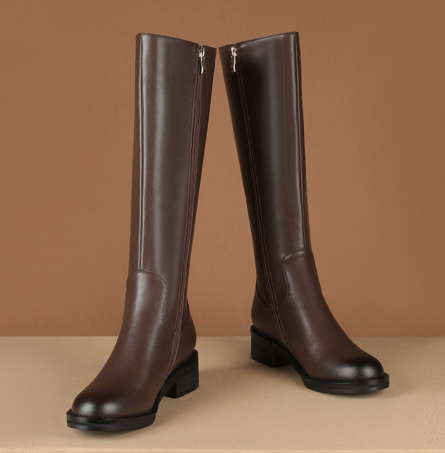 Nine Seven Round Toe Genuine Leather Handmade Side Zipper Comfort Low Chunky Heels Women's Knee High Boots