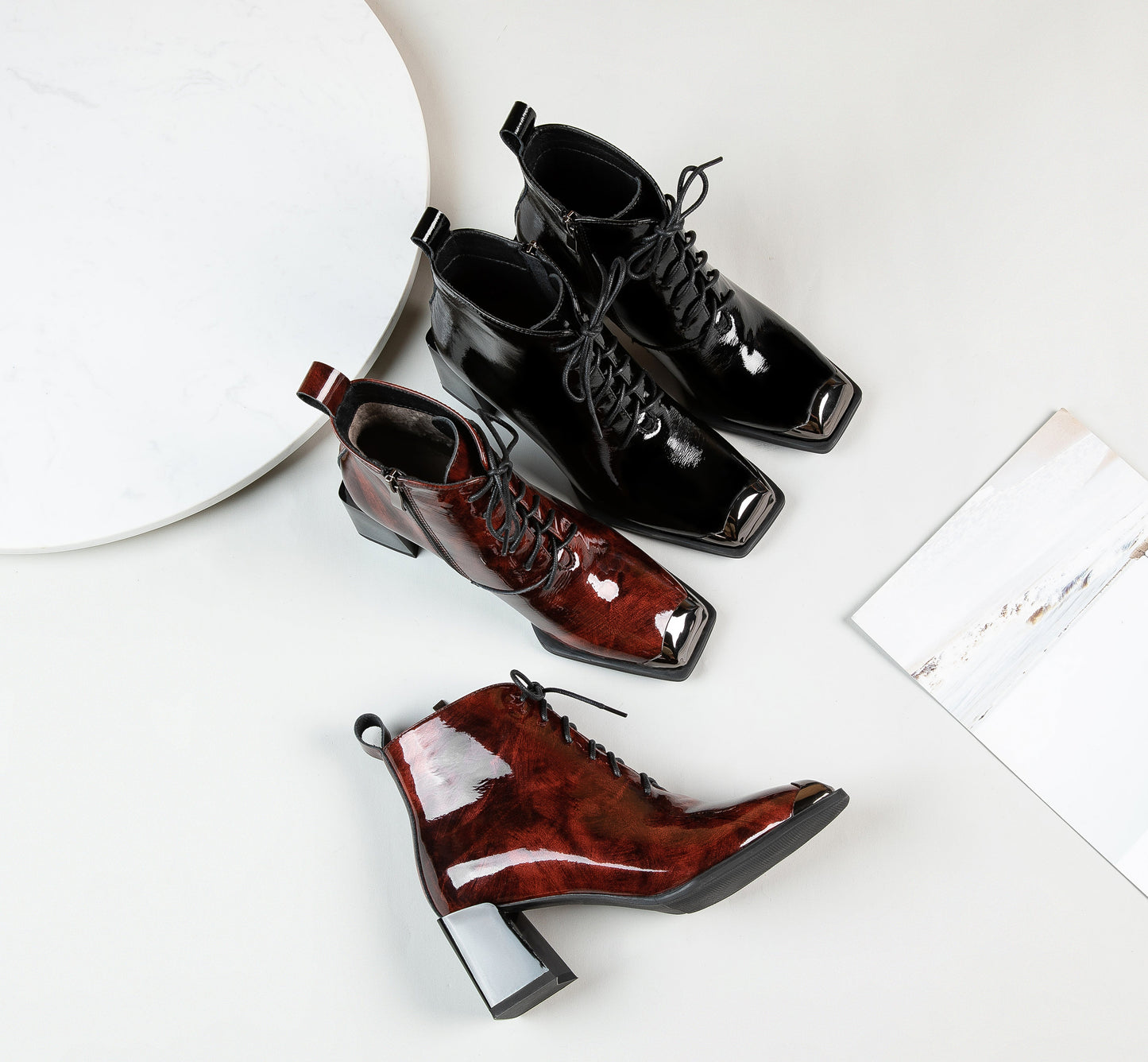 Nine Seven Women's Handmade Patent Leather Classic Square Toe Mid Block Heel Side Zip Lace Up Stylish Ankle Boots