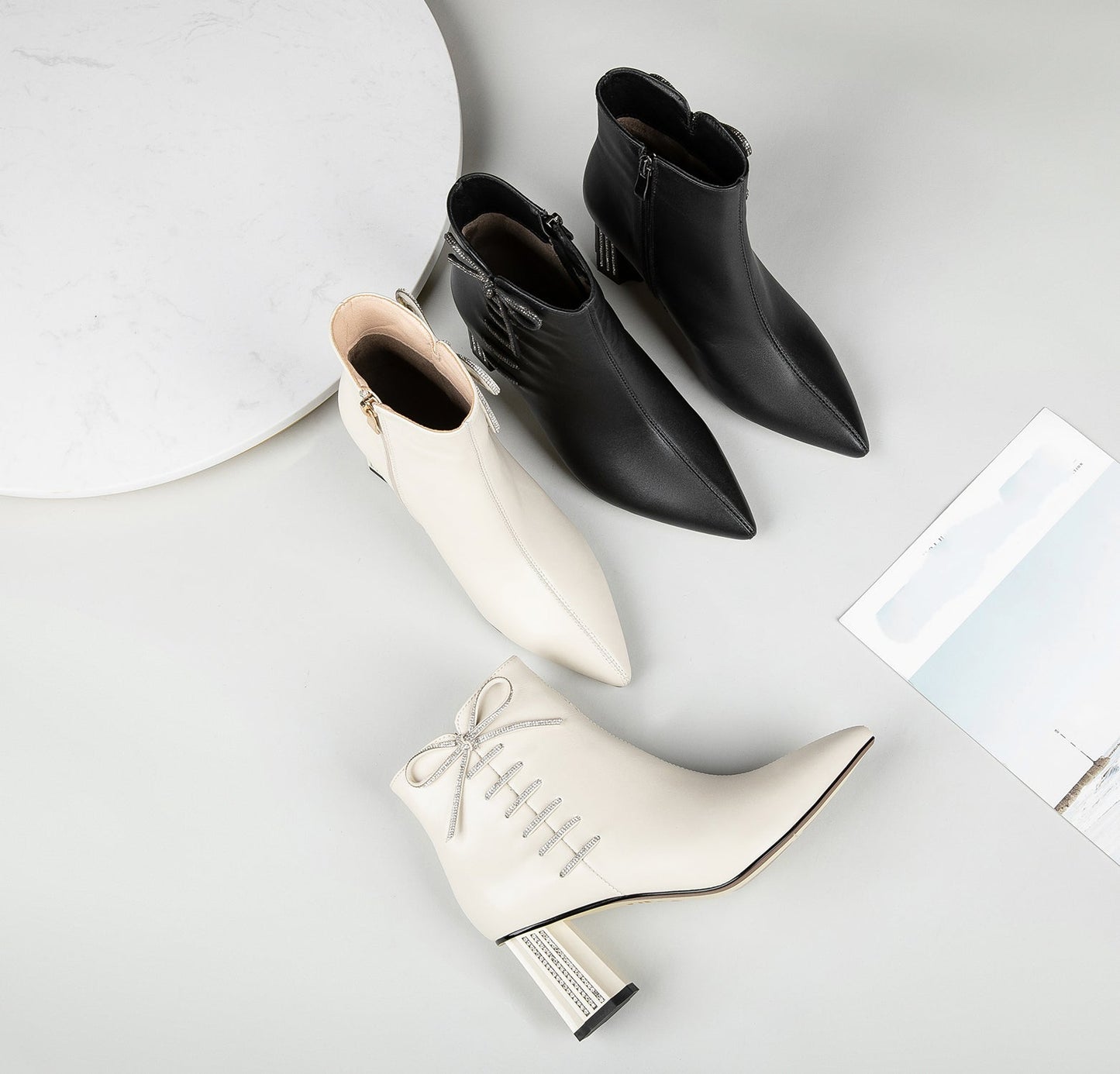 Nine Seven Women's Genuine Leather Handmade Comfortable Mid Block Heel Pointed Toe Side Zip Up Dressing Boots with Bowtie Decor