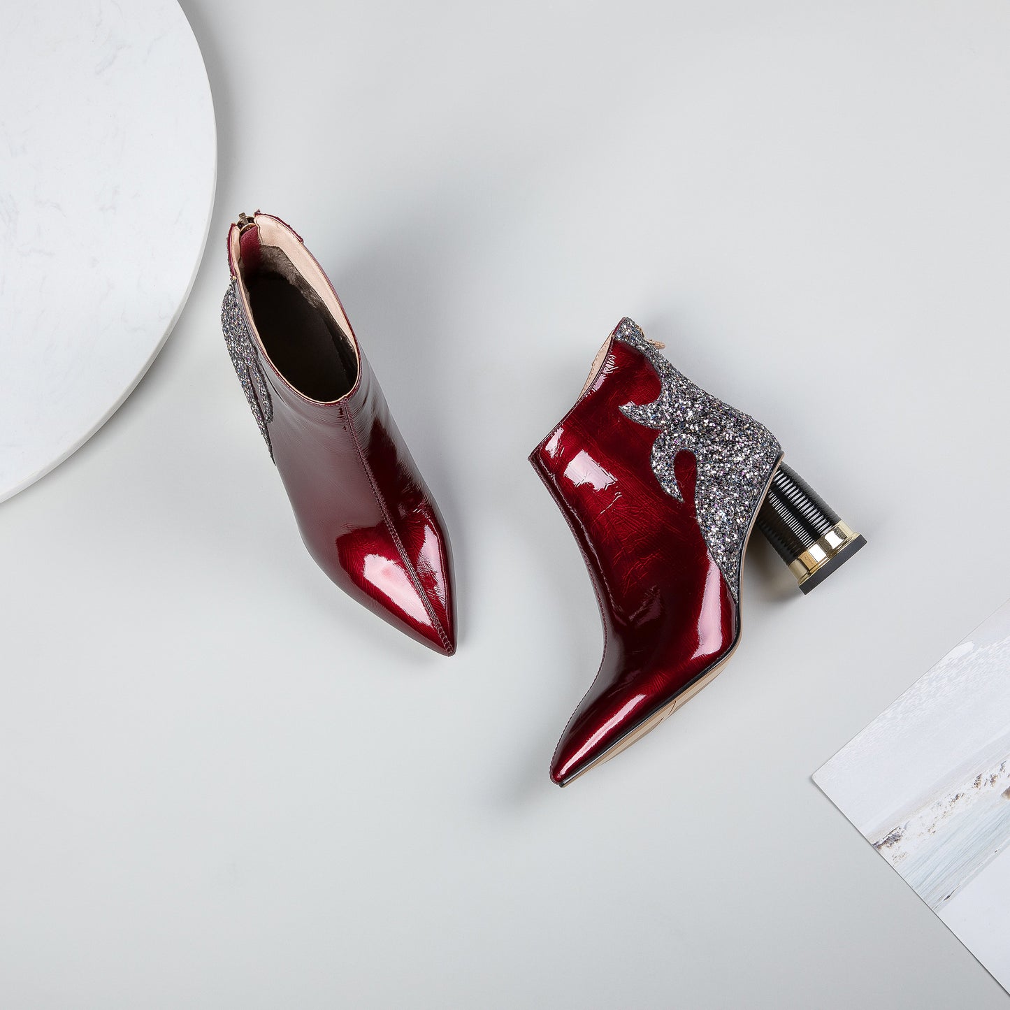 Nine Seven Women's Glossy Patent Leather Handmade Comfortable Block Heel Pointed Toe zip Up Ankle Booties with Glitter Pattern