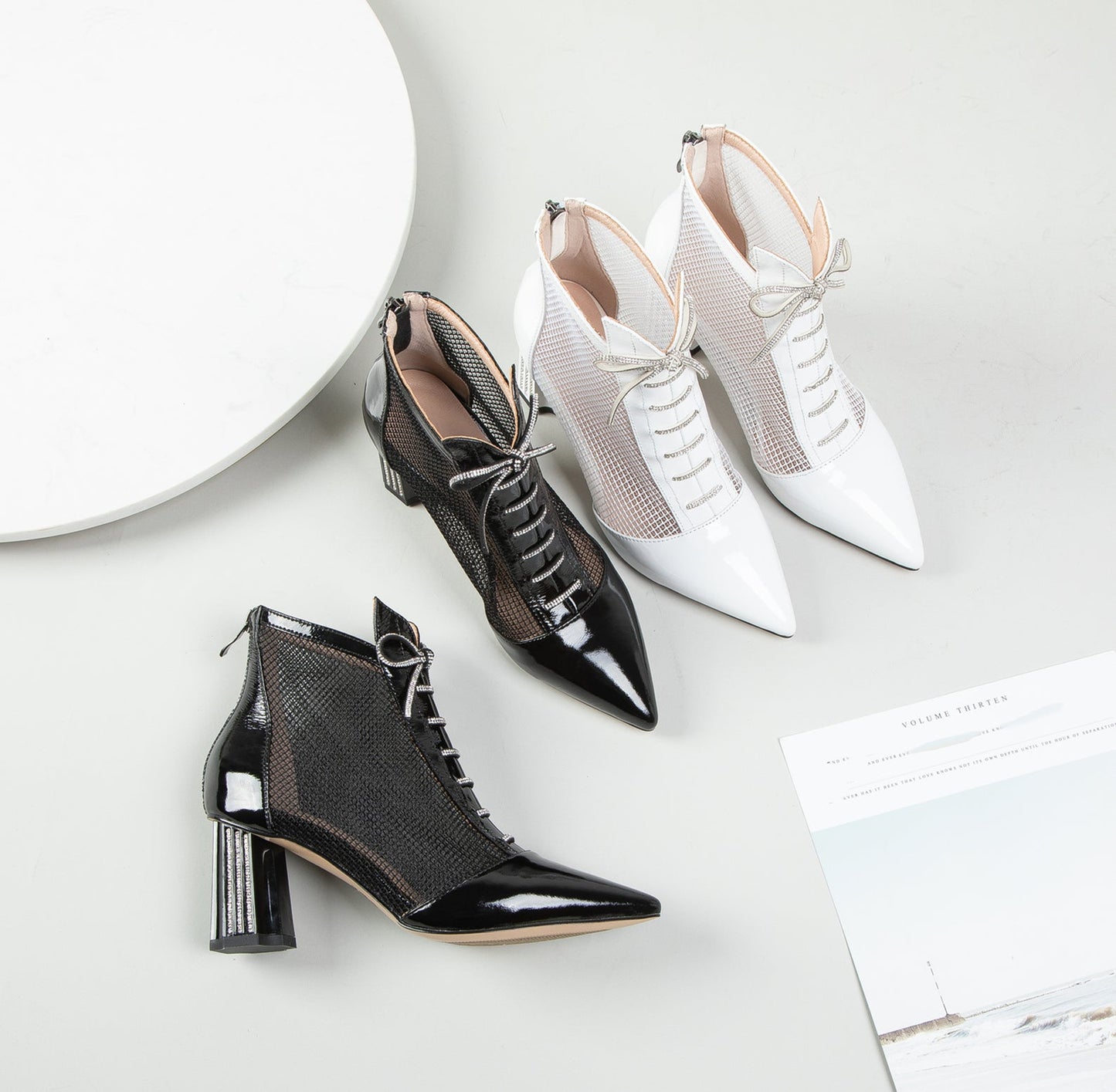 Nine Seven Women's Handmade Glossy Patent Leather Mesh Hollow Pointed Toe Back Zip Mid Chunky Heel Summer Boots