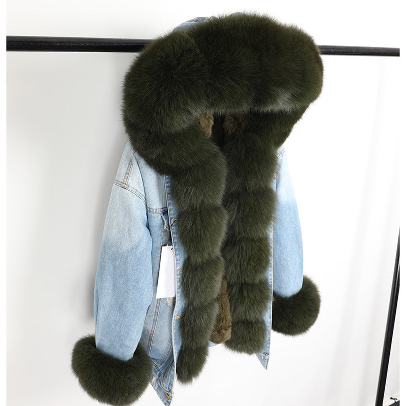 Nine Seven Fox Fur Collar Rabbit Inner Women's Winter Jeans Jacket Parka Coat Customization