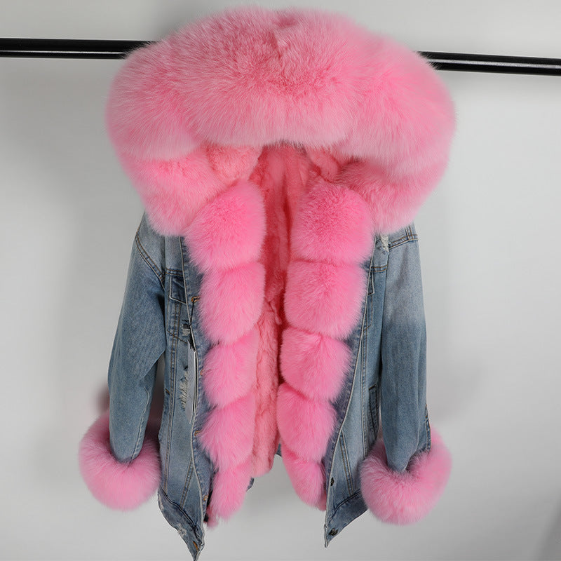 Nine Seven Fox Fur Collar Rabbit Inner Women's Winter Jeans Jacket Parka Coat Customization