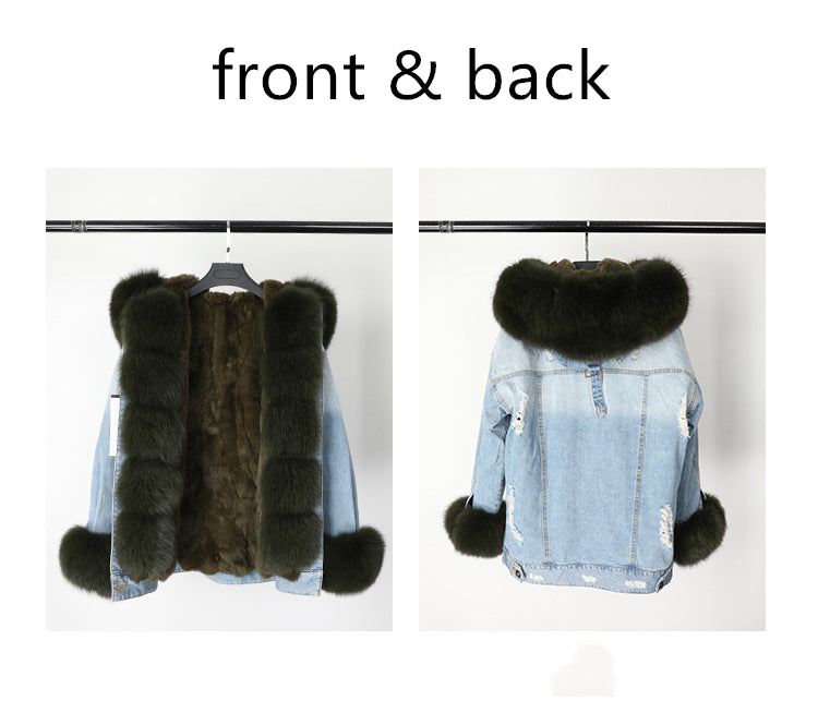 Nine Seven Fox Fur Collar Rabbit Inner Women's Winter Jeans Jacket Parka Coat Customization