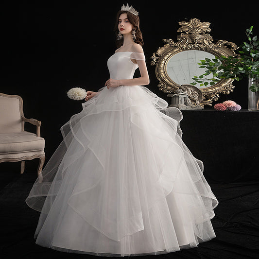 Nine Seven Ruffle Lace Golden Leaves Belt Off Shoulder Lace Up A-Line Floor Train Wedding Dress