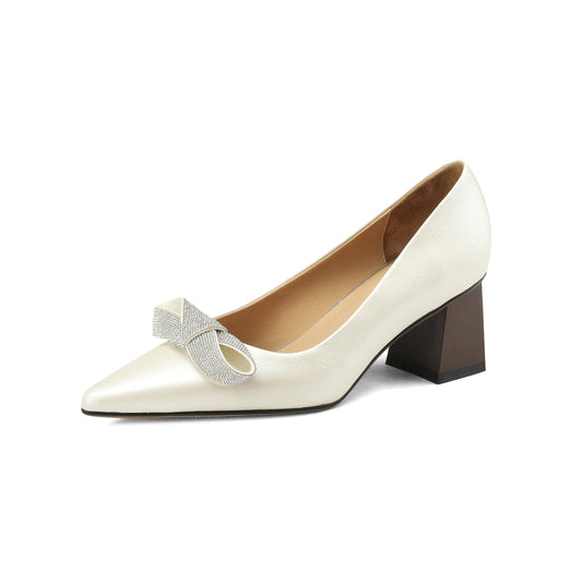 Nine Seven Genuine Leather Handmade Women's Slip On Pointed Toe Mid Chunky Heel Bowknot Pumps Shoes