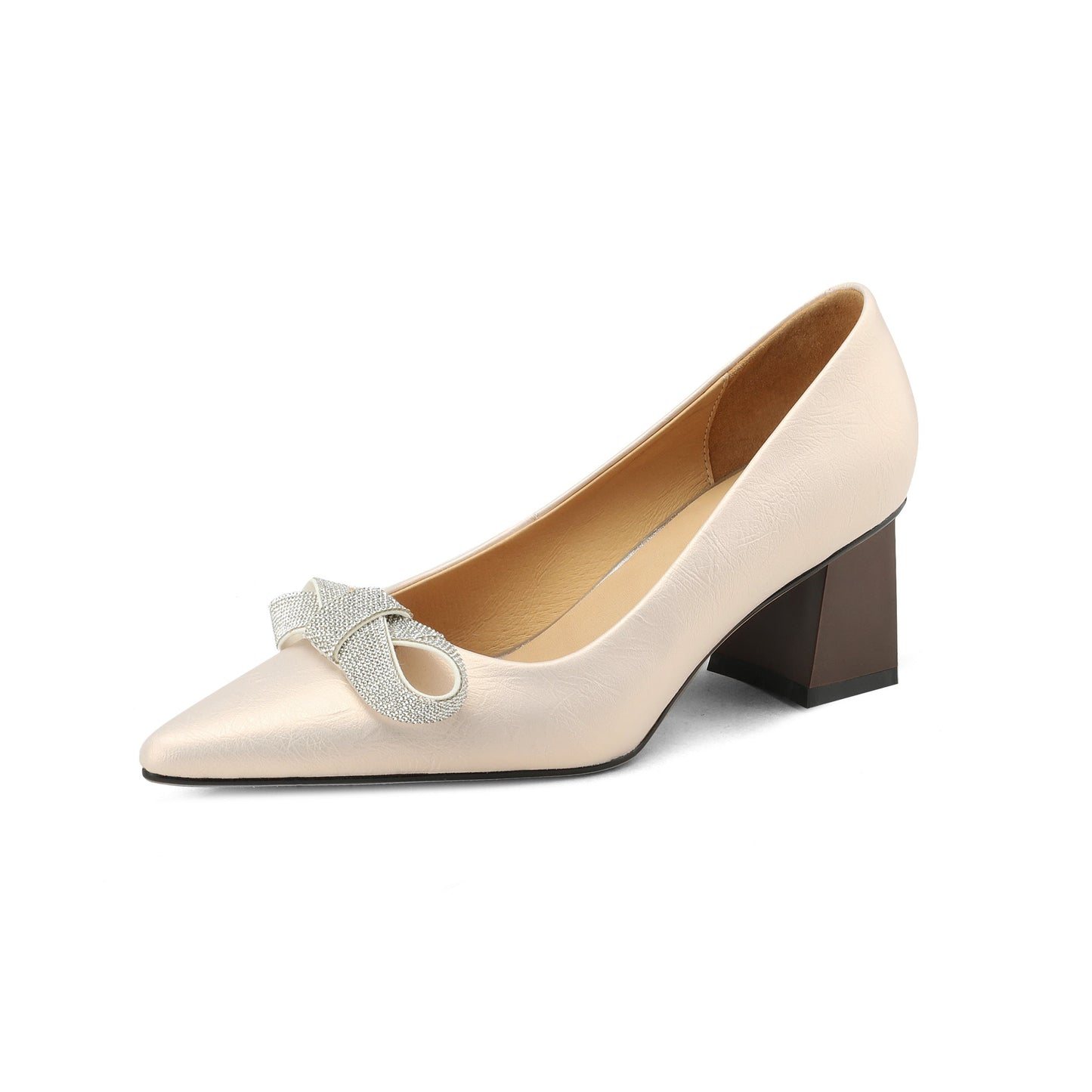 Nine Seven Genuine Leather Handmade Women's Slip On Pointed Toe Mid Chunky Heel Bowknot Pumps Shoes