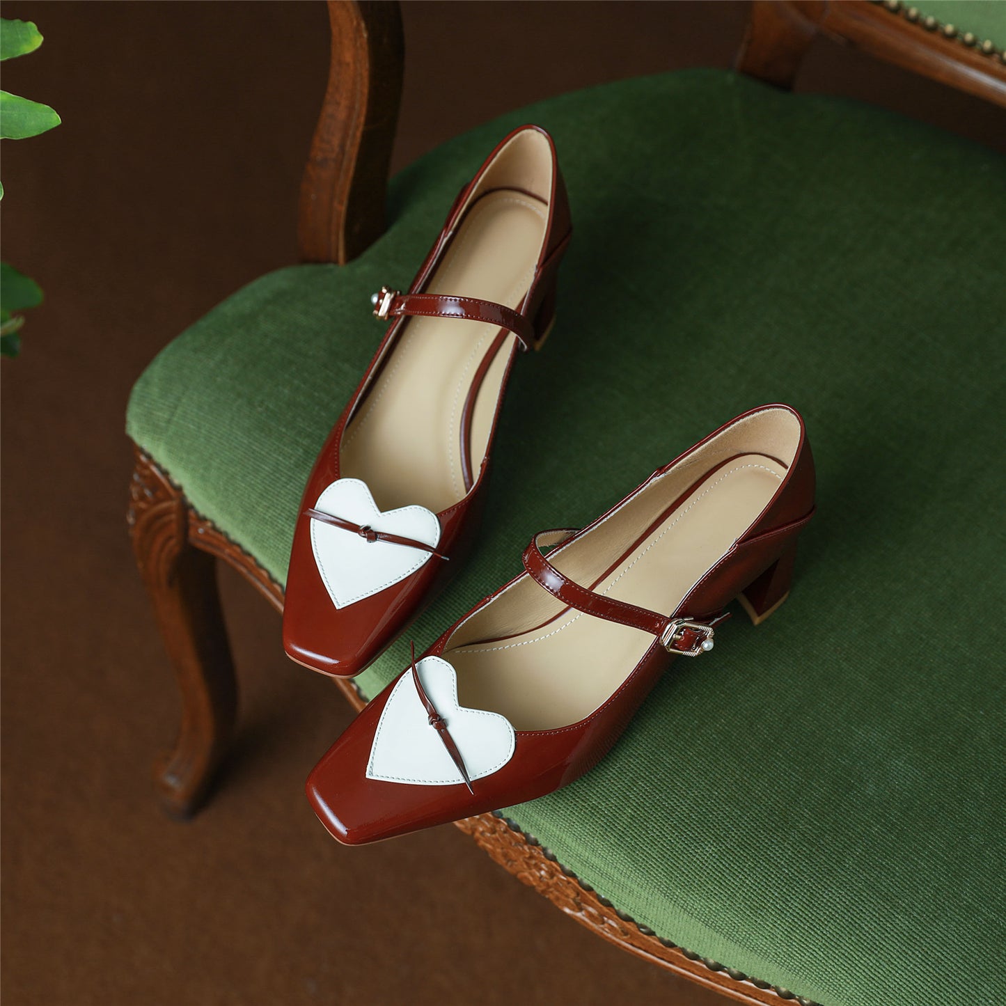 Nine Seven Women's Patent Leather Handmade Classic Square Toe Chunky Heel Buckle Closure Classic Mary Jane Pumps with Heart Design