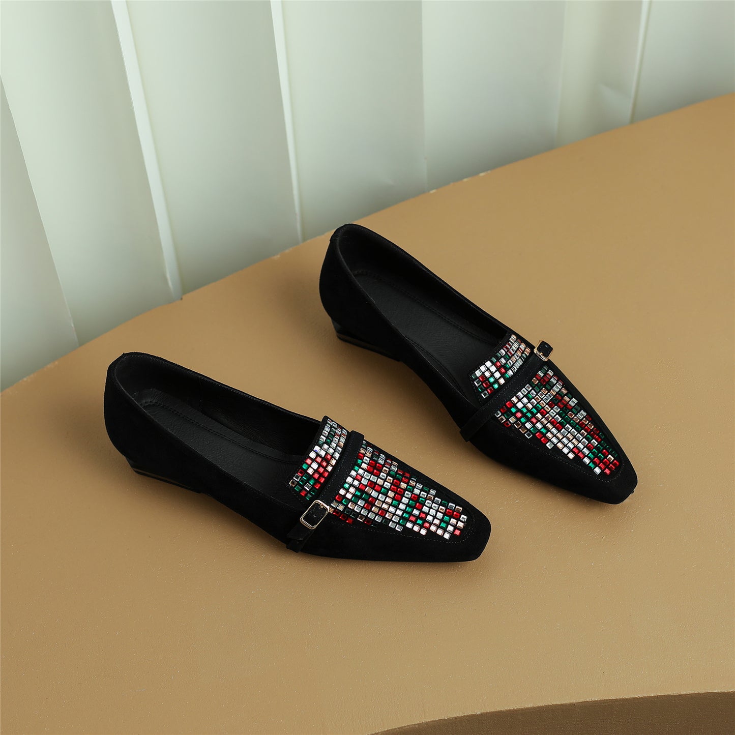 Nine Seven Handmade Women's Genuine Leather Colorful Rhinestones Slip On Square Toe Flats Loafer Shoes