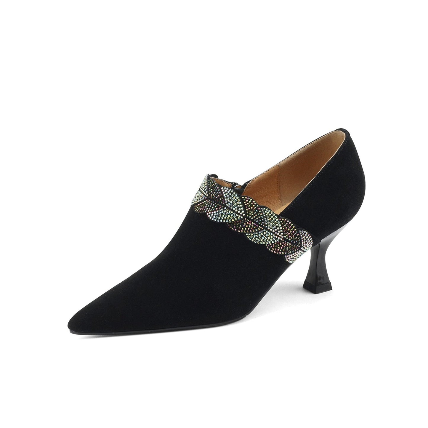 Nine Seven Women's Suede Leather Handmade Pointed Toe Mid Spool Heel Stylish Delicate Décor Pumps