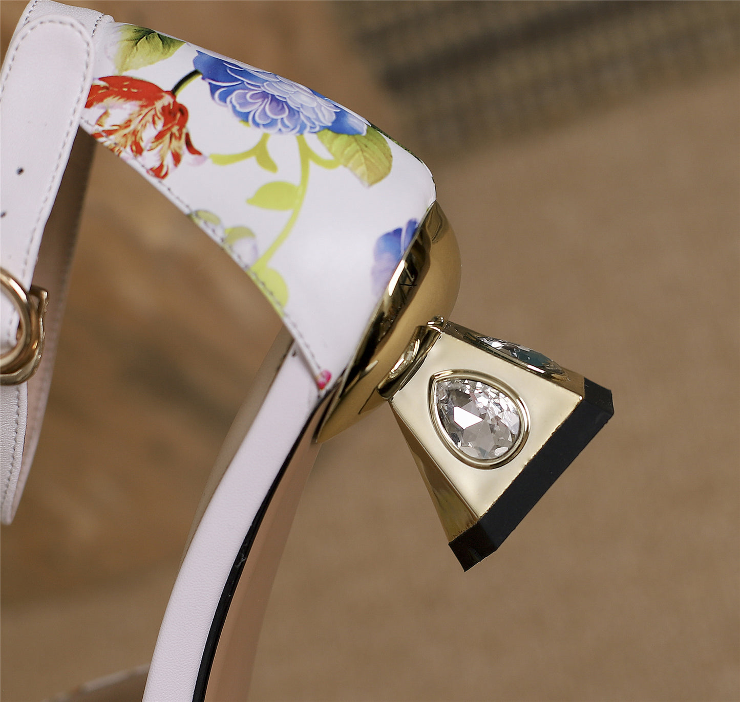 Nine Seven Women's Pointed Toe Flower Print Genuine Leather Handmade Buckle Low Chunky Heel Sandal Pumps