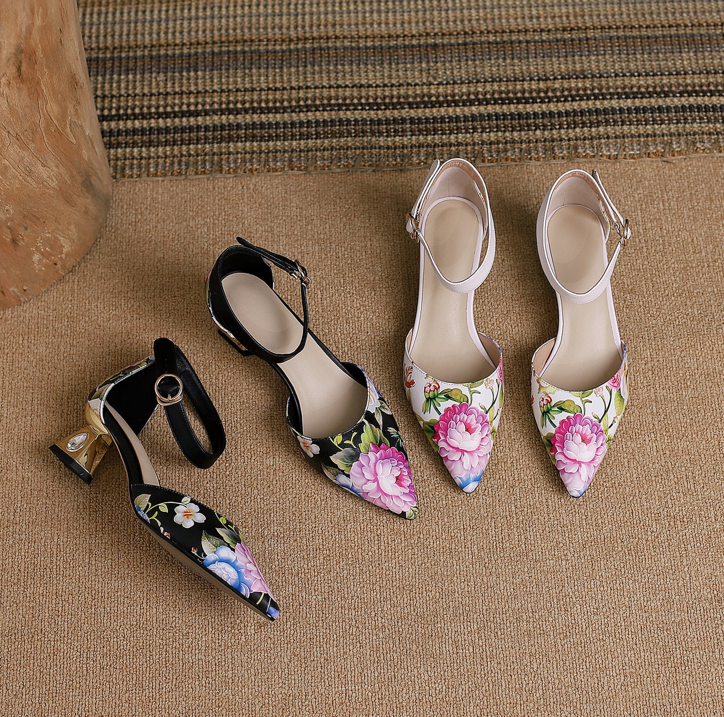 Nine Seven Women's Pointed Toe Flower Print Genuine Leather Handmade Buckle Low Chunky Heel Sandal Pumps