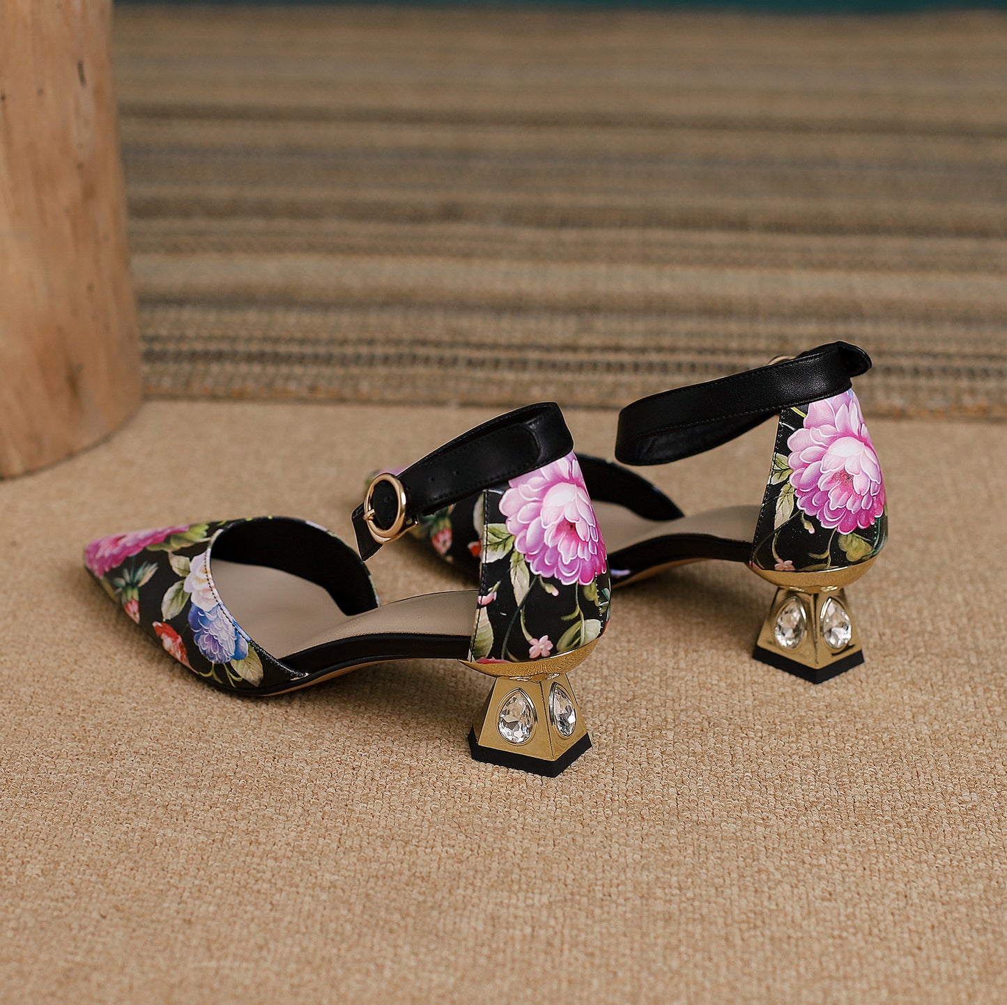 Nine Seven Women's Pointed Toe Flower Print Genuine Leather Handmade Buckle Low Chunky Heel Sandal Pumps