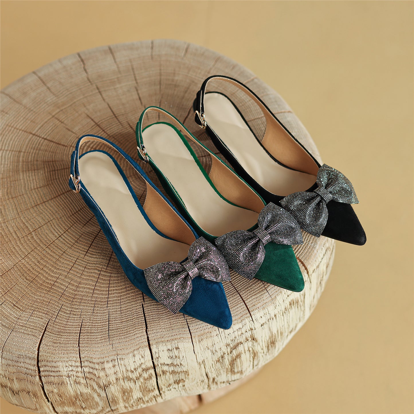 Nine Seven Women's Pointed Toe Suede Leather Handmade Buckle Cute Kitten Heels Slingbacks with Bowknot