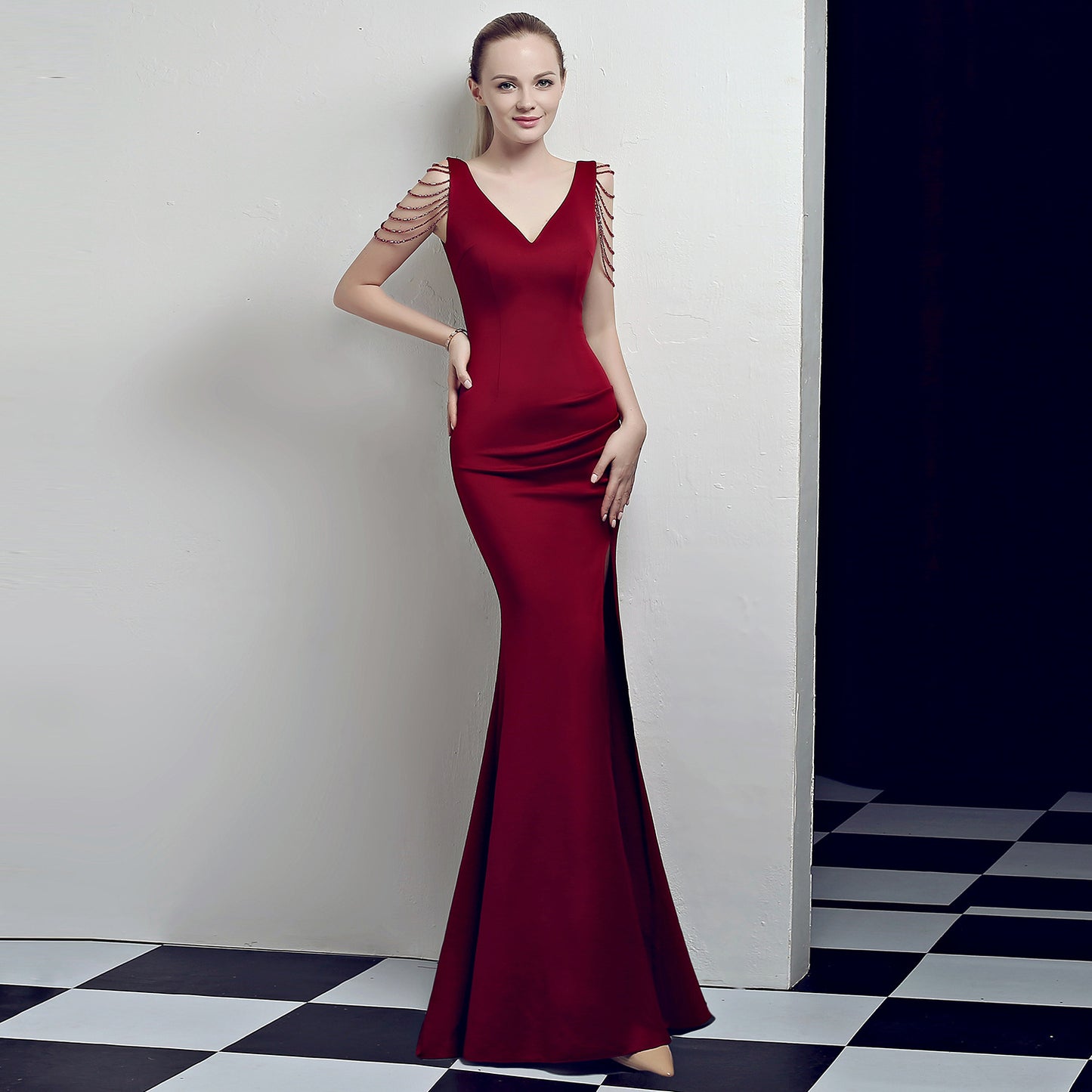 Nine Seven Women's Deep V Neck Back Zip Up Mermaid Sexy Side Split Evening Party Formal Ocassion Dress